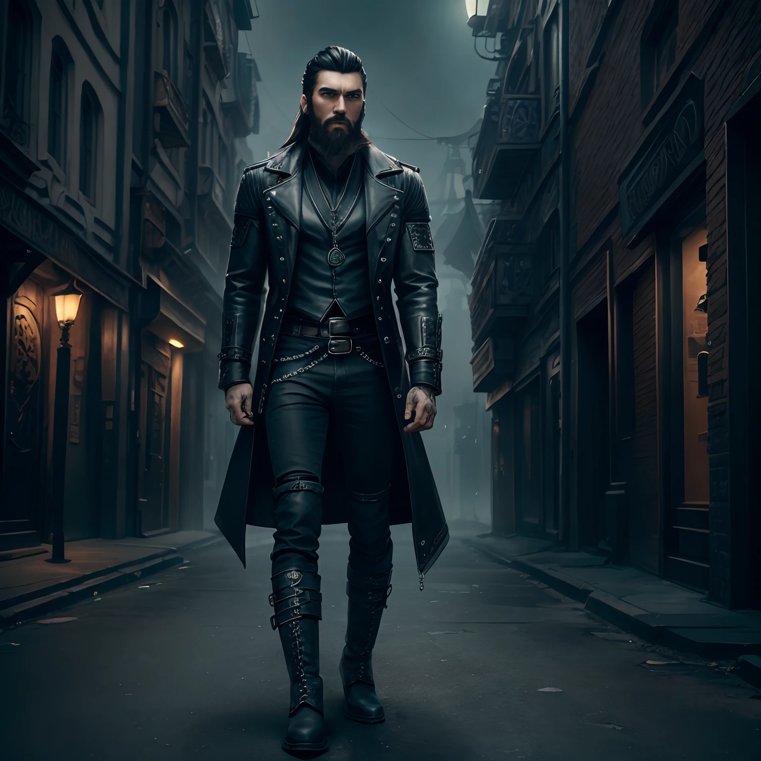 Model
DreamShaper ,CeltPunkAI,  Brutal man with dark hair and beard ((独奏)) She wears a black gothic leather coat below the knees and blue jeans , Standing in full height against the background of the night city , His boots are visible , A thick silver chain is visible around his neck ,Front light , ,Extra fingers.