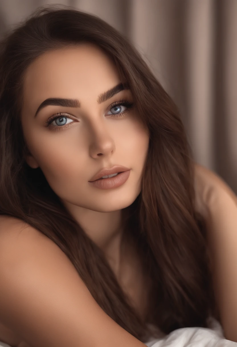 arafed woman fully , sexy girl with brown eyes, ultra realistic, meticulously detailed, portrait sophie mudd, brown hair and large eyes, selfie of a young woman, bedroom eyes, violet myers, without makeup, natural makeup, looking directly at the camera, face with artgram, subtle makeup, stunning full body shot kneeling on bed, in bedroom, medium to large size bust