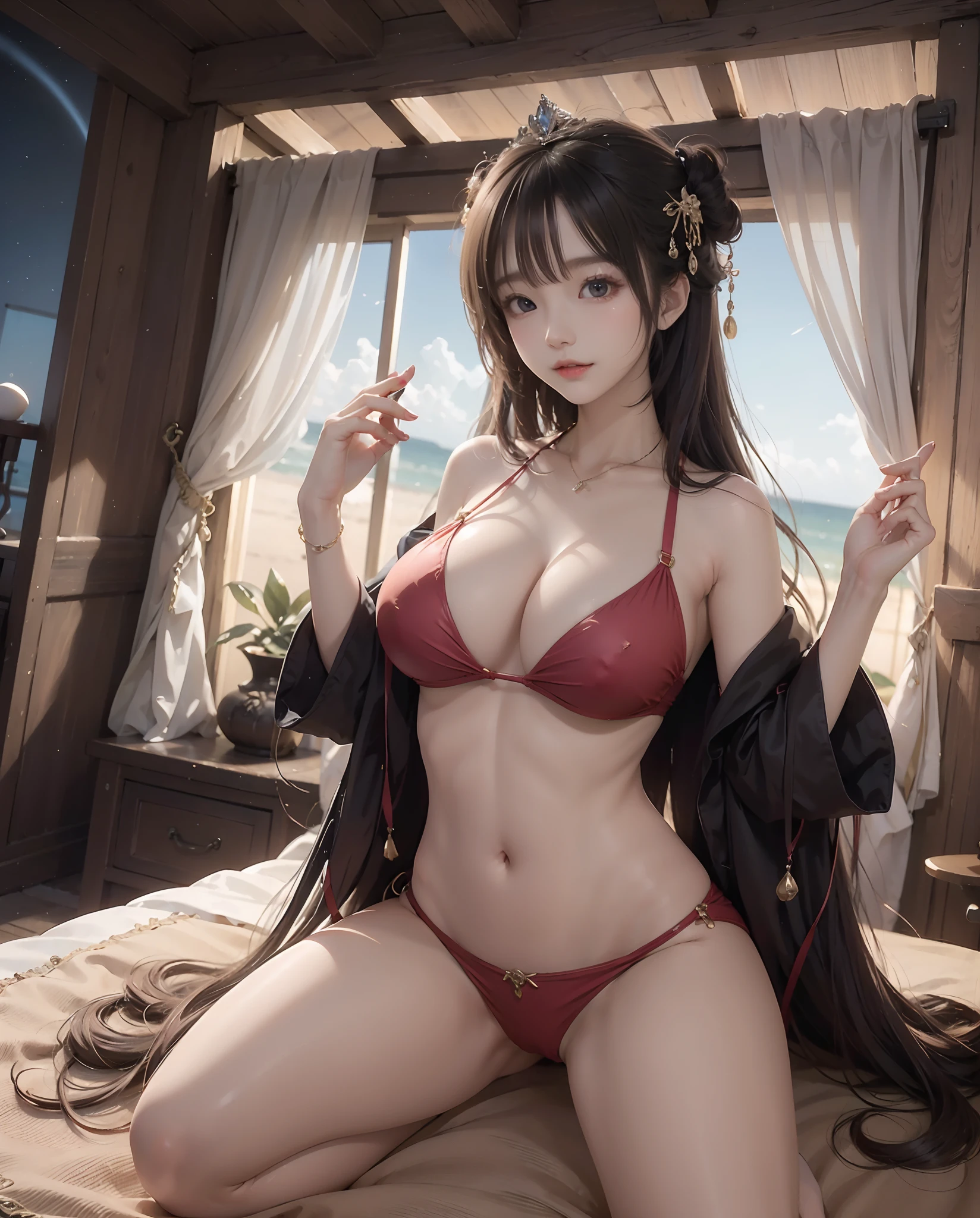Best quality, masterpiece, meticulous detail, realistic, a hot big breast princess wearing kimono, very long legs, big hips, full body, sexy, sensual, smiling