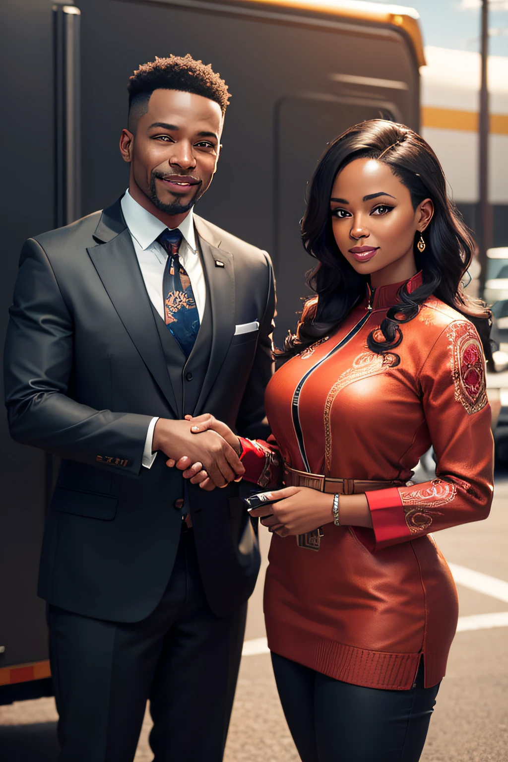 A happy black business man and woman are standing next to a fleet of trucks, shaking hands, surrounded by parking lot. The image is of the highest quality, with a resolution of 4k. It is a realistic representation, capturing the details and intricacies of the scene. The medium used to create this artwork can be an illustration, oil painting, 3D rendering, or photography, ensuring a visually stunning result. The image showcases ultra-detailed elements, with a focus on professional craftsmanship and attention to detail. The colors are vivid and vibrant, giving life to the composition. The lighting is carefully designed, with studio lighting techniques to enhance the overall atmosphere.