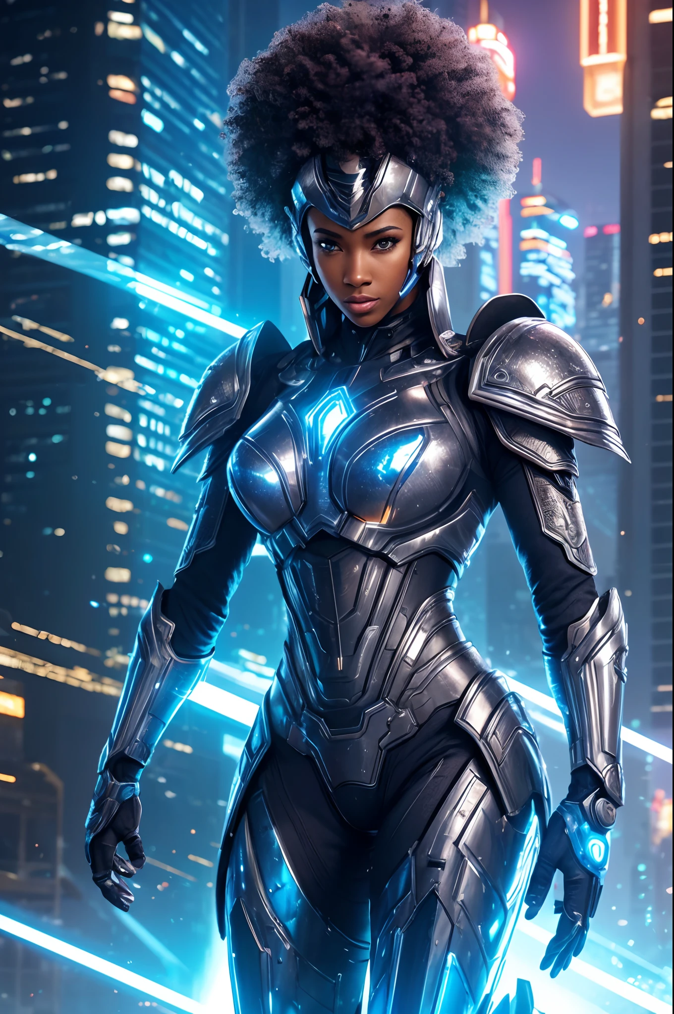 (best quality,4k,8k,highres,masterpiece:1.2),ultra-detailed,(realistic,photorealistic,photo-realistic:1.37),steel-armored woman with afro hair,wearing futuristic armor,standing tall,confident expression,sparkling eyes,strong muscular physique,holding a high-tech sword,energetic pose,glowing blue energy emanating from her armor,highly detailed armor plates with intricate patterns,mechanical joints and hydraulics,reflective surface with a glossy sheen,vivid colors and contrasting textures,dynamic lighting with dramatic shadows and highlights,sci-fi concept art style,neon blue color scheme,nighttime urban cityscape as the background,surreal architectural elements,hovering futuristic vehicles in the sky,futuristic holographic displays and symbols surrounding the woman,gritty and metallic urban environment