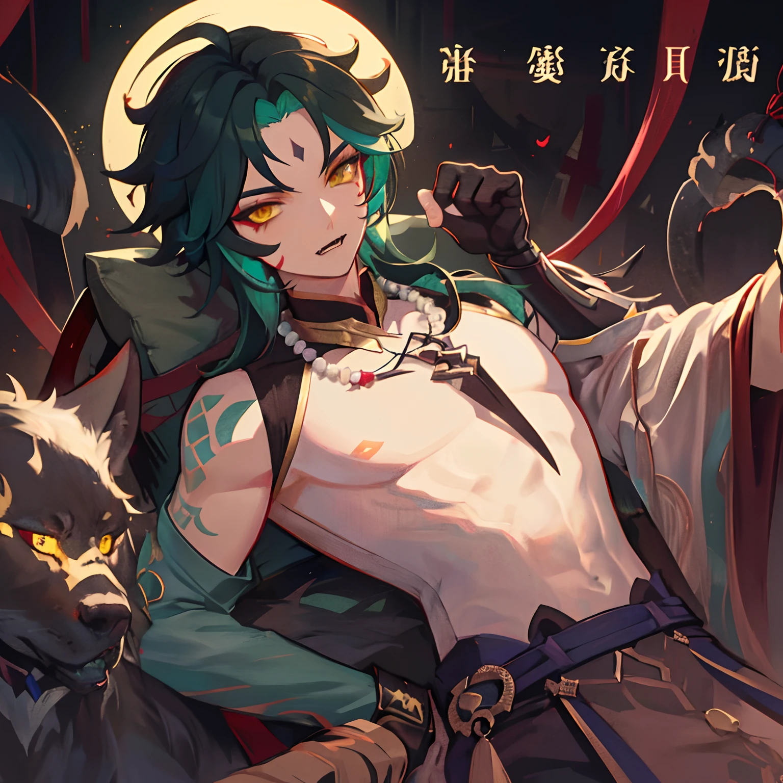 1boy,dark green hair,best quality,masterpiece,extremley,yellow eyes,male focus,beautiful eyes,Xiao (genshin impact), 1 boy, bones necklace, animal fangs necklace, arm tatoo, dark red hair, Chinese clothes, green eyes, male focus, red mark on forehead, no shirt, a red string runs from the shoulder to the chest,look at you with half an eye, smirked, put his hand to his mouth to signal silence, glove, stare at you, looking straight, make ''be quiet" signal, cover mouth by finger, looking at you, inside, red rope cover nipples, red rope cross breast