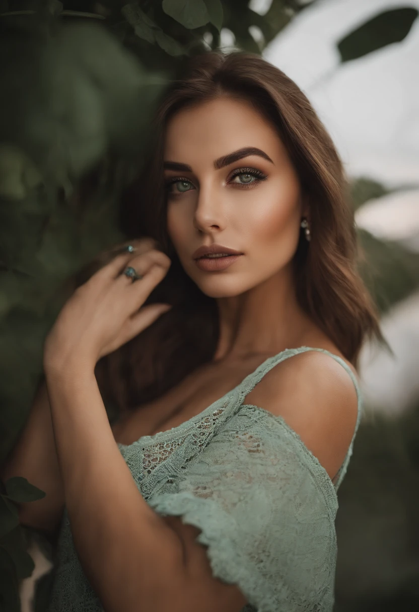 Arafed woman with white tank top and necklace, Sexy girl with green eyes, portrait sophie mudd, brown hair and big eyes, Selfie einer jungen Frau, Augen im Schlafzimmer, Violet Myers, ohne Make-up, Natural makeup, Blick direkt in die Kamera, Gesicht mit Artgram, dezentes Make-up, Stunning full body shot, piercing green eyes, Nice angle, attraktive Pose, Cute girl, sexy Pose, Full body image, full entire body, full body shoot, brunette goddess, Hohe Detailgenauigkeit, Zufriedene Pose, Lederhose