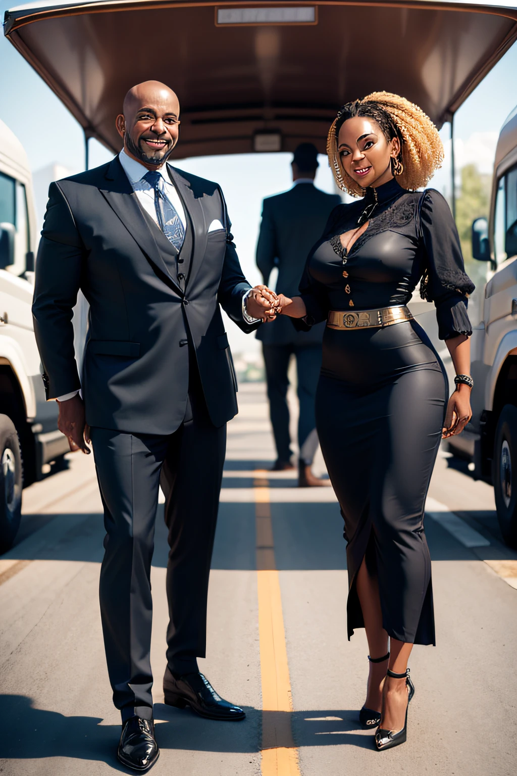 Transportation contracts and agreements for road carriage, happy black business man and woman standing next to fleet of trucks shaking hands, 4k, realistic
