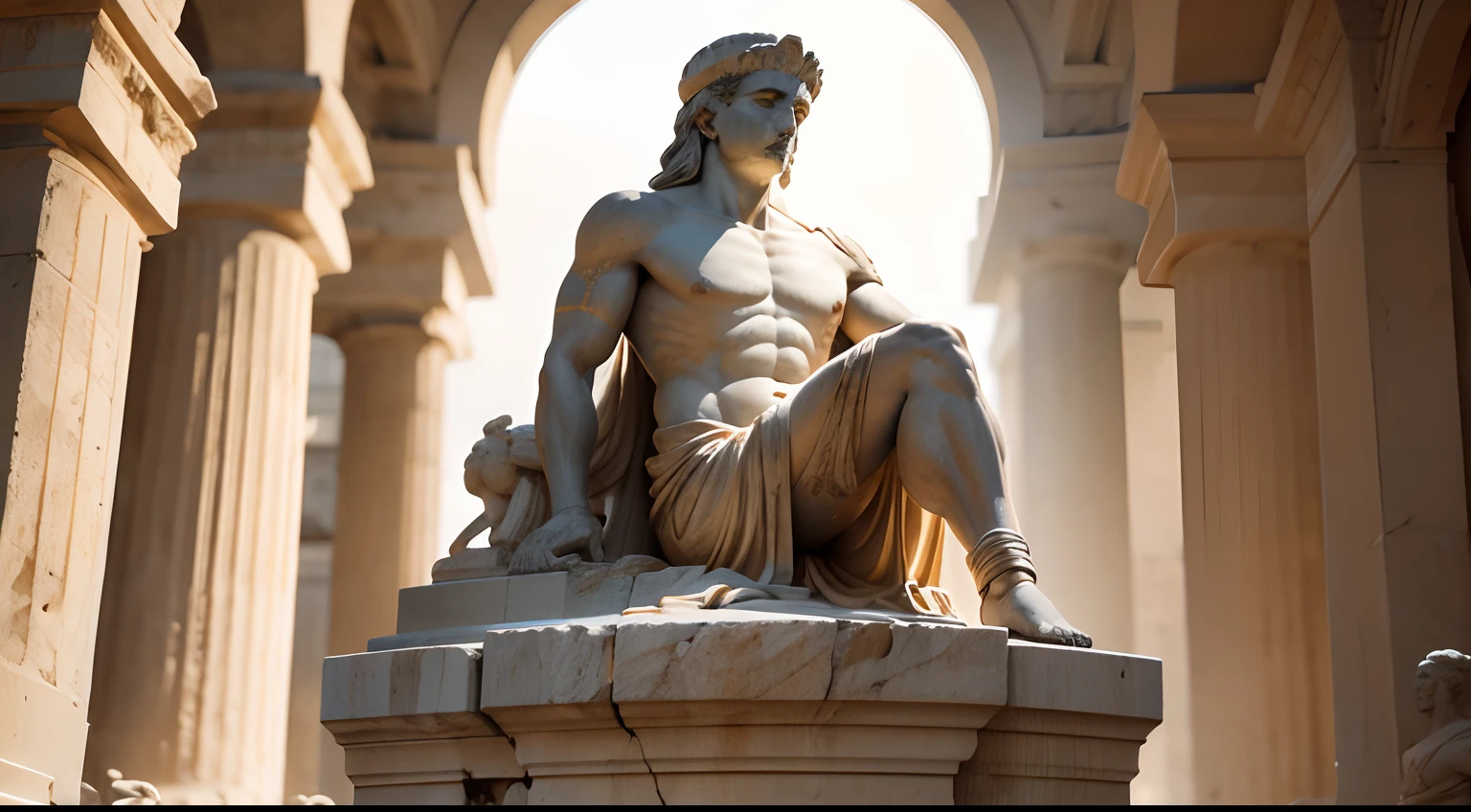 Ancient Greek statue with angry expression, Outside, com rosto extremamente detalhado full body view, Colors with low saturation with dark tone, Filmado em Sony A7S III com Sony FE 35mm f/1.8, 12.1 MP, --AR 3:2 --estilo cru