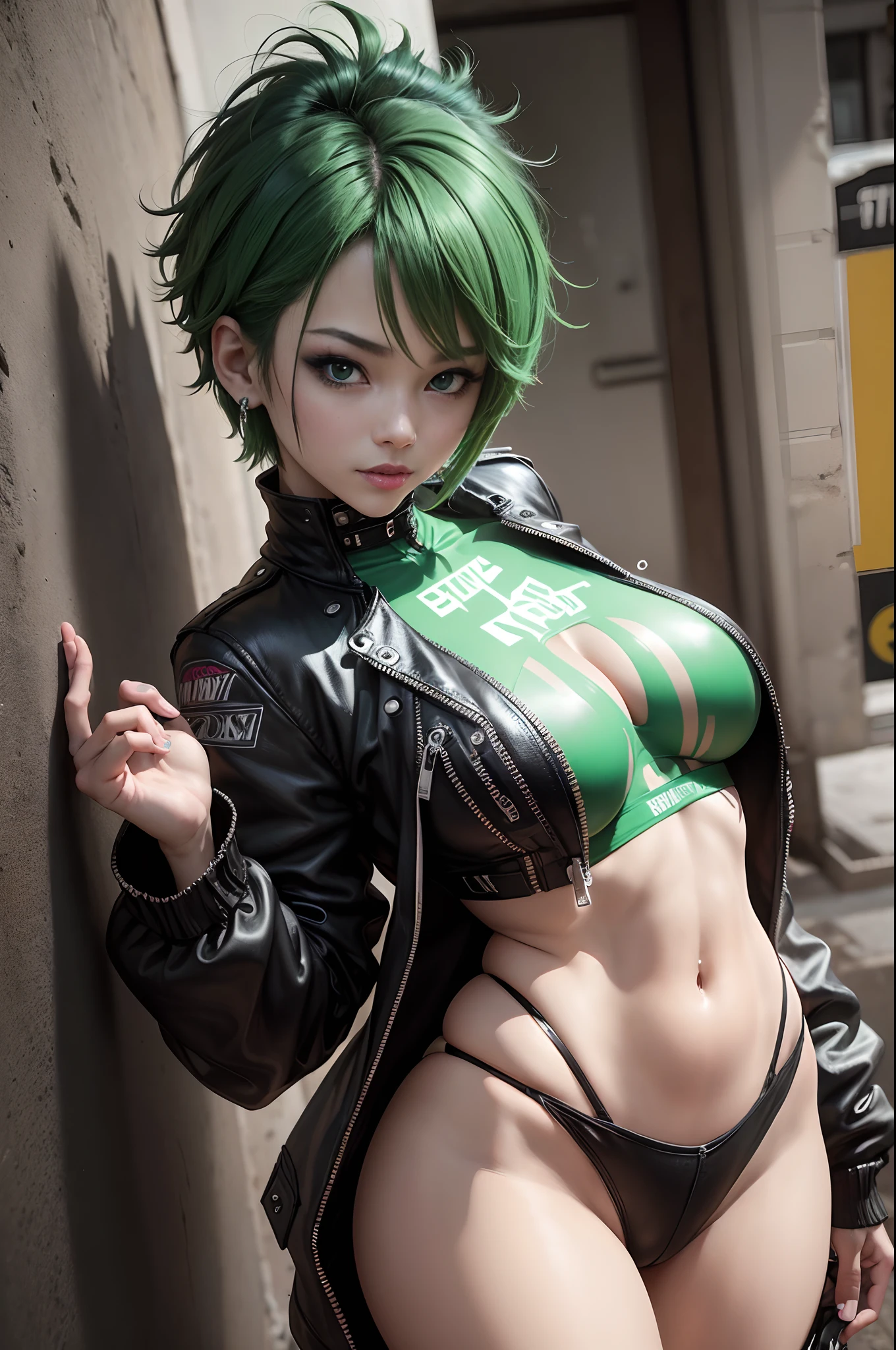 (8K,masuter piece:1.2、top-quality)、(Live action、Intricate details)、(1 milf、独奏、The upper part of the body、Colossal tits) Green Cyberpunk Costume、　Avant-garde、Experimental appearance: Green short bob hair、real looking skin　Dramatic makeup、: ,Sexy costume,short pants,Anti-system、Provocative Location: urban art district、A smile　Underground Music Scene Hobbies: Take part in punk shows、Create mixed media art、Experiment with different subcultures values: individuality、authenticity、Creative Expression Inspiration: Punk rock music、Counterculture icons、avant-garde art movements Personality traits: boldness、boldness、Unconventional。