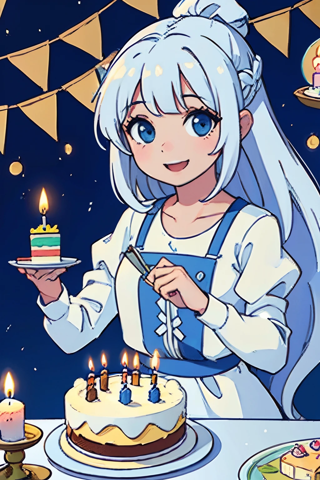 garota, cabelo branco, cabelo longo (branco), holding birthday cake, sorrindo, olhos de cor marrom, birthday cake with candles,