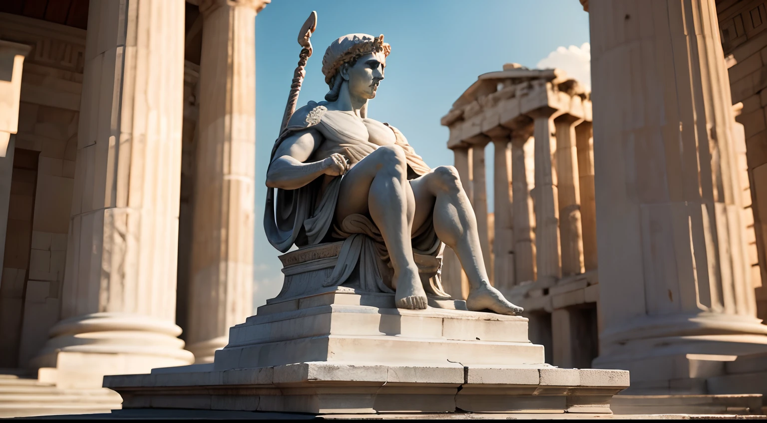Ancient Greek statue with angry expression, Outside, com rosto extremamente detalhado full body view, Colors with low saturation with dark tone, Filmado em Sony A7S III com Sony FE 35mm f/1.8, 12.1 MP, --AR 3:2 --estilo cru