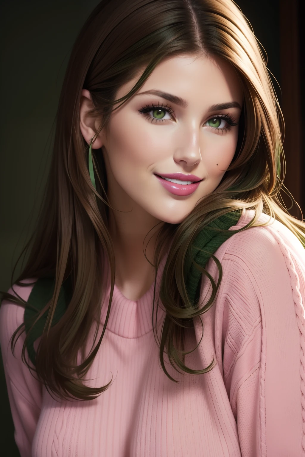 Lucy Pinder, Face Portrait, face, ((pink lipstick)), smiling, brown hair, straight hair, Long hair, ((dark green sweater))