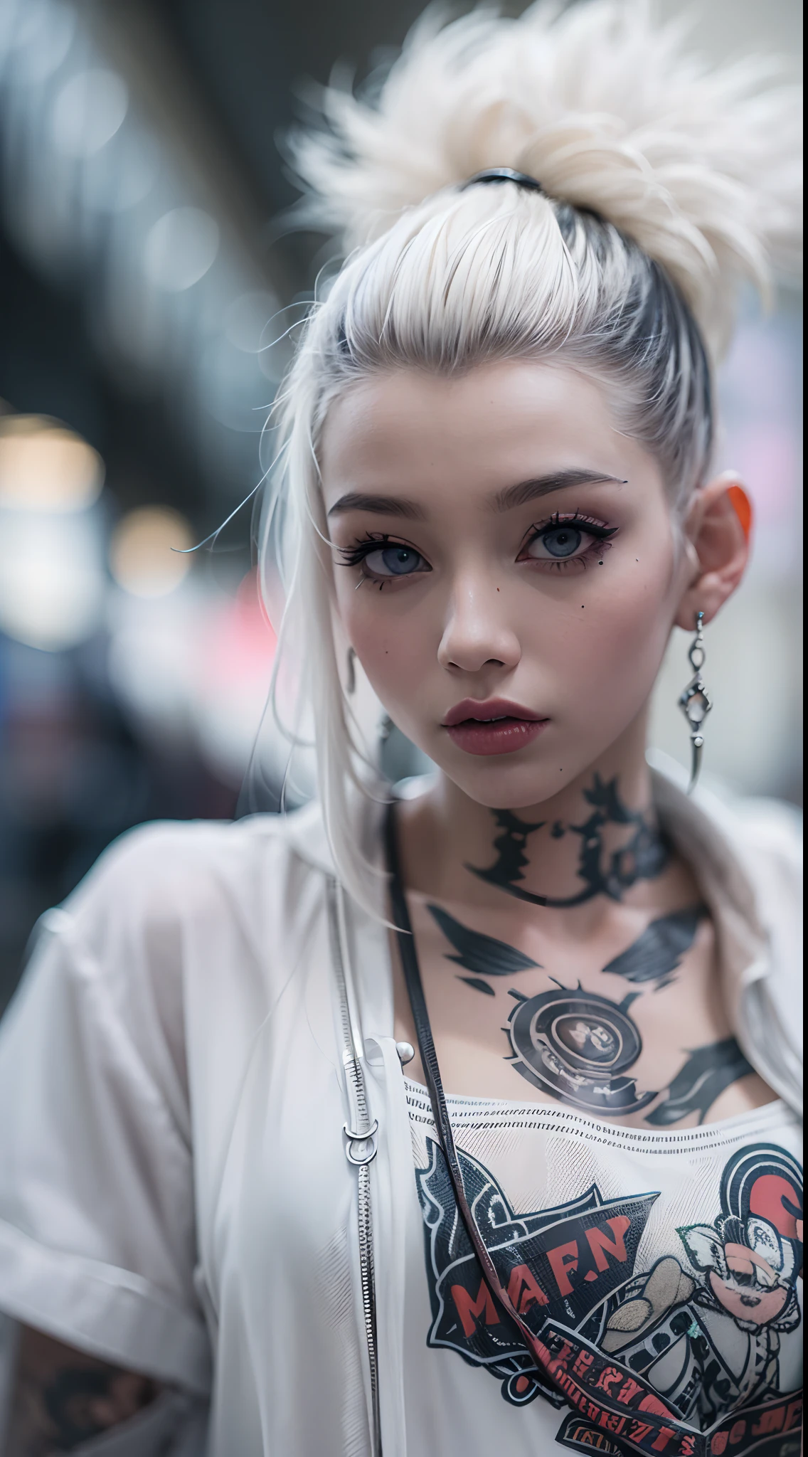 The prompts for the first theme are as follows:
"(Best Quality, 8K, 32K, masutepiece:1.3), Ultra-detailed, (Photorealistic:1.4), white colors, albino, Punk Girl, Detailed eyes, Upper body, Luxurious punk hair, Edgy punk fashion, Avant-garde makeup, Numerous piercings, Heavily tattooed body, Street background, Backlight effect, Shallow depth of field, Blurry background"