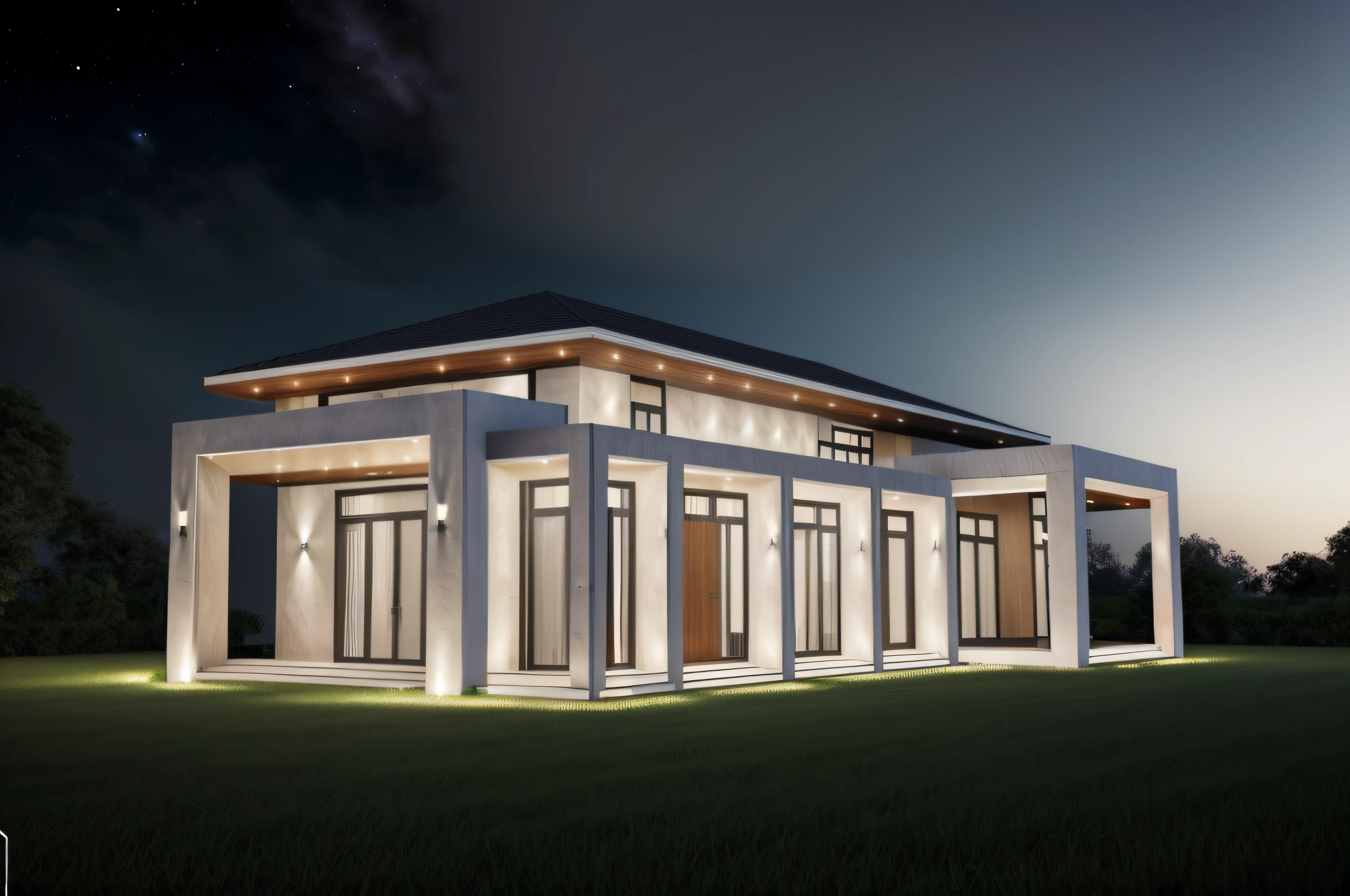 ((masterpiece, best quality)), 8k, modern architecture, photorealism, ultra-detailed photo, 1 morden house, main material by white wall and wood: 0.2, large yard, 1 road runs in front of the house, (RAW photo, real, best quality, masterpiece:1.2), look morden minimalist, 1 road in front of the house, shime ring light, light brighteness from indoor:1.2, dynamic lighting:1.3, (hyper realistic, photo-realistic:1.2), high quality, (dark lighting:1.2), perfect lighting, archdaily, ((NIGHT SKY:1.2)), ((Terrace glass railing))