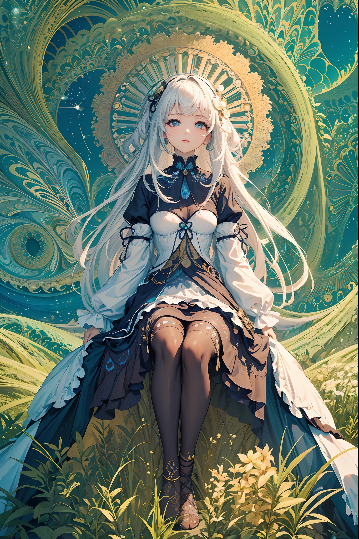 (masterpiece, top quality, best quality, official art, beautiful and aesthetic:1.2), (1girl), extreme detailed,(fractal art:1.3),colorful,highest detailed, An android girl with white wire hair sits outside in the grass and looks up at the sky