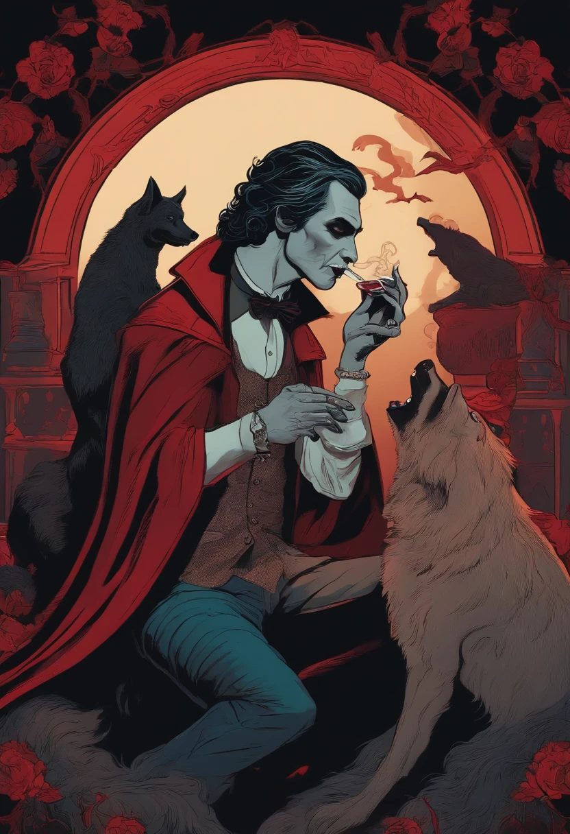 Vampire smoking a bong with werewolves