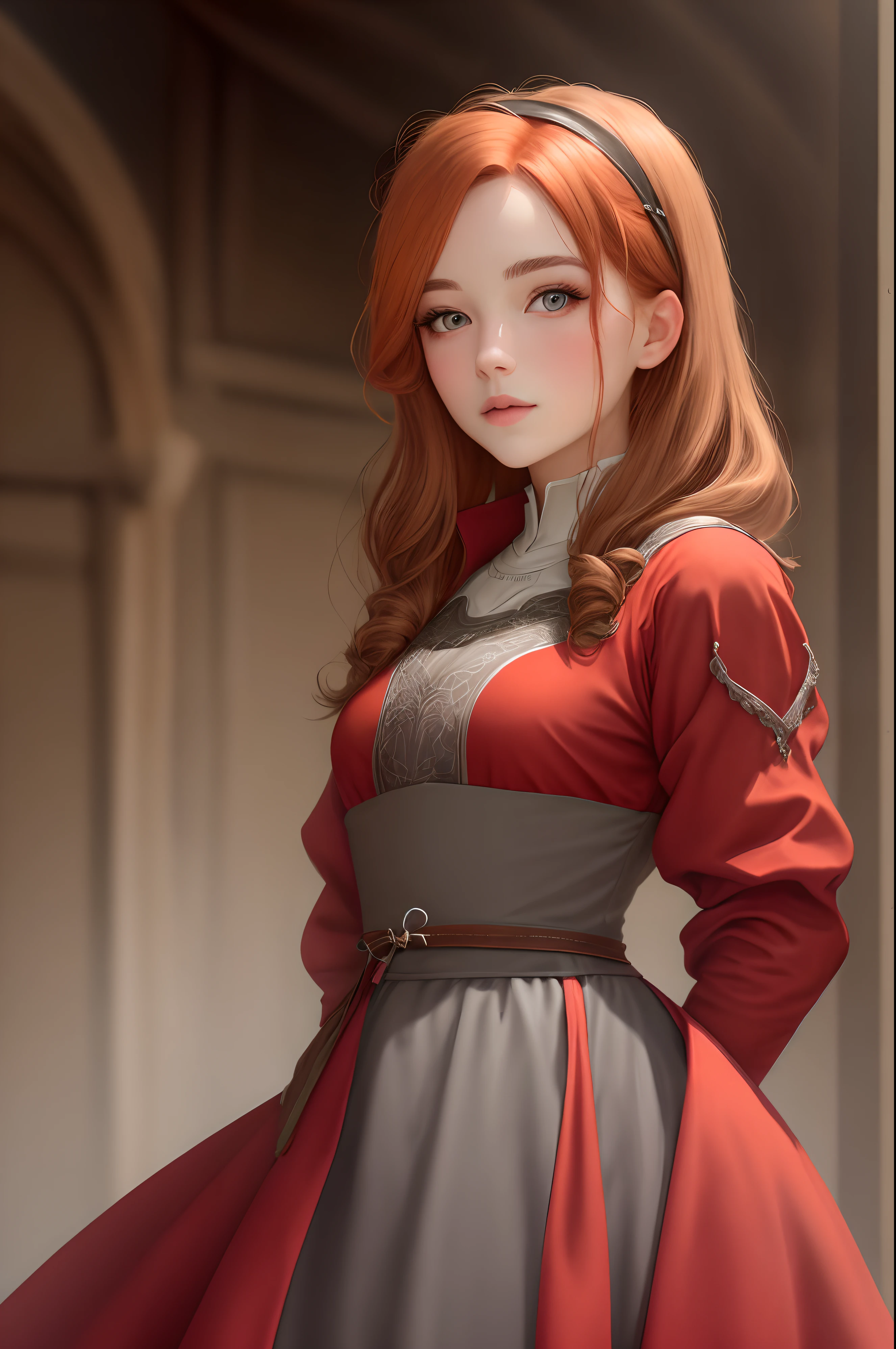 Portrait of a medieval ginger haired female with grey eyes in a red dress