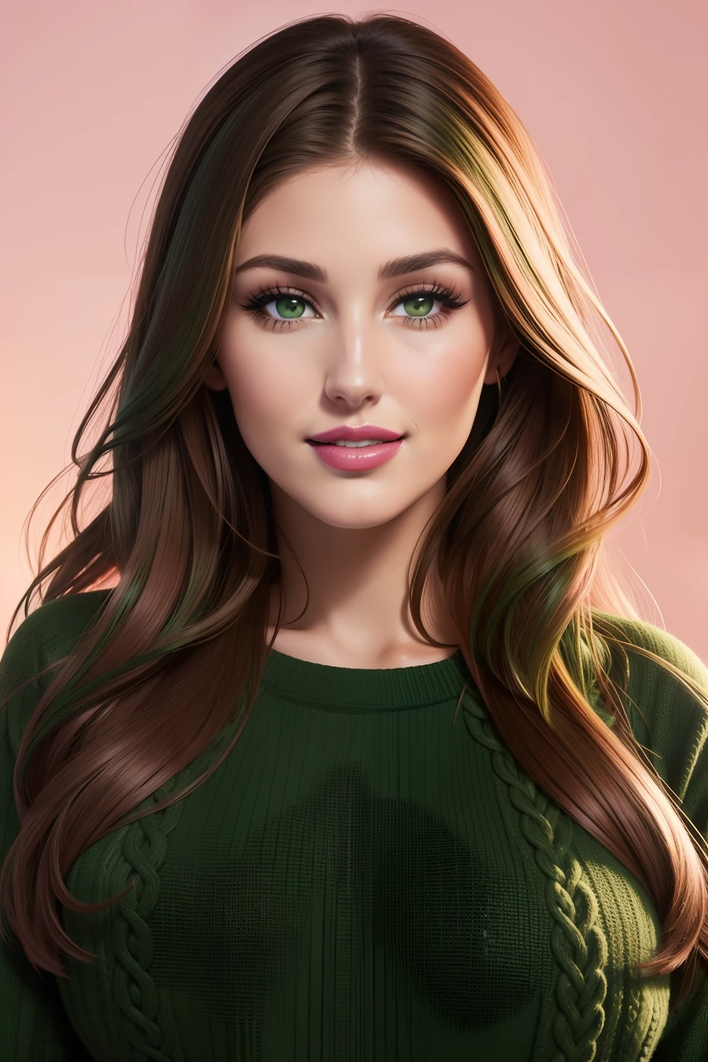 Lucy Pinder, Face Portrait, face, ((pink lipstick)), smiling, brown hair, straight hair, Long hair, ((dark green sweater))