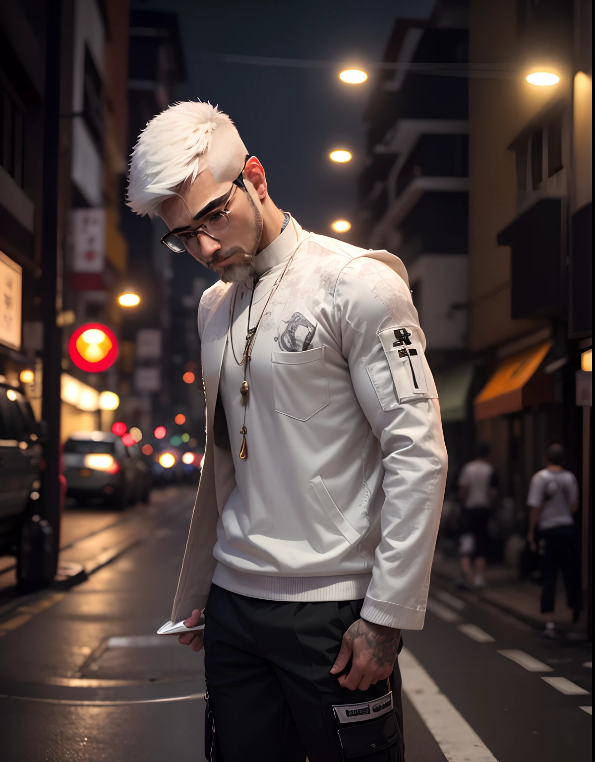 1man, full body, short white hair, muscular, beard, Streetwear,cargo pants, necklace,taiwan, street, (masterpiece, best quality, highres, ultra detailed ), night , depth of field, glasses,
