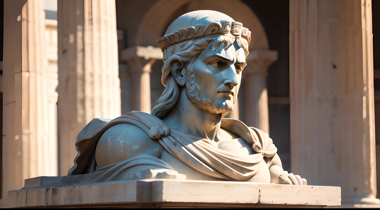 Ancient Greek statue with angry expression, Outside, com rosto extremamente detalhado full body view, Colors with low saturation with dark tone, Filmado em Sony A7S III com Sony FE 35mm f/1.8, 12.1 MP, --AR 3:2 --estilo cru