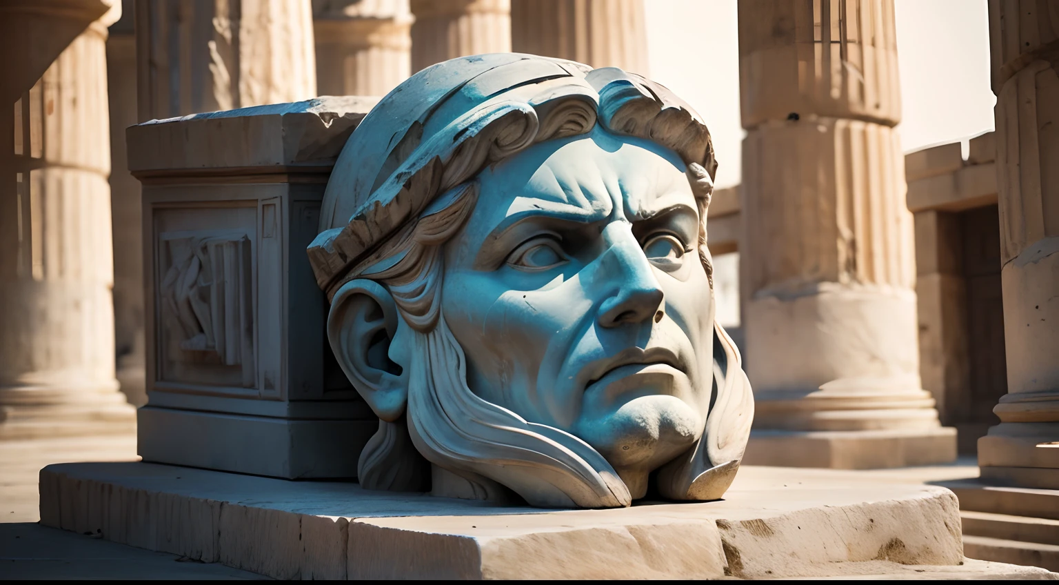 Ancient Greek statue with angry expression, Outside, com rosto extremamente detalhado full body view, Colors with low saturation with dark tone, Filmado em Sony A7S III com Sony FE 35mm f/1.8, 12.1 MP, --AR 3:2 --estilo cru