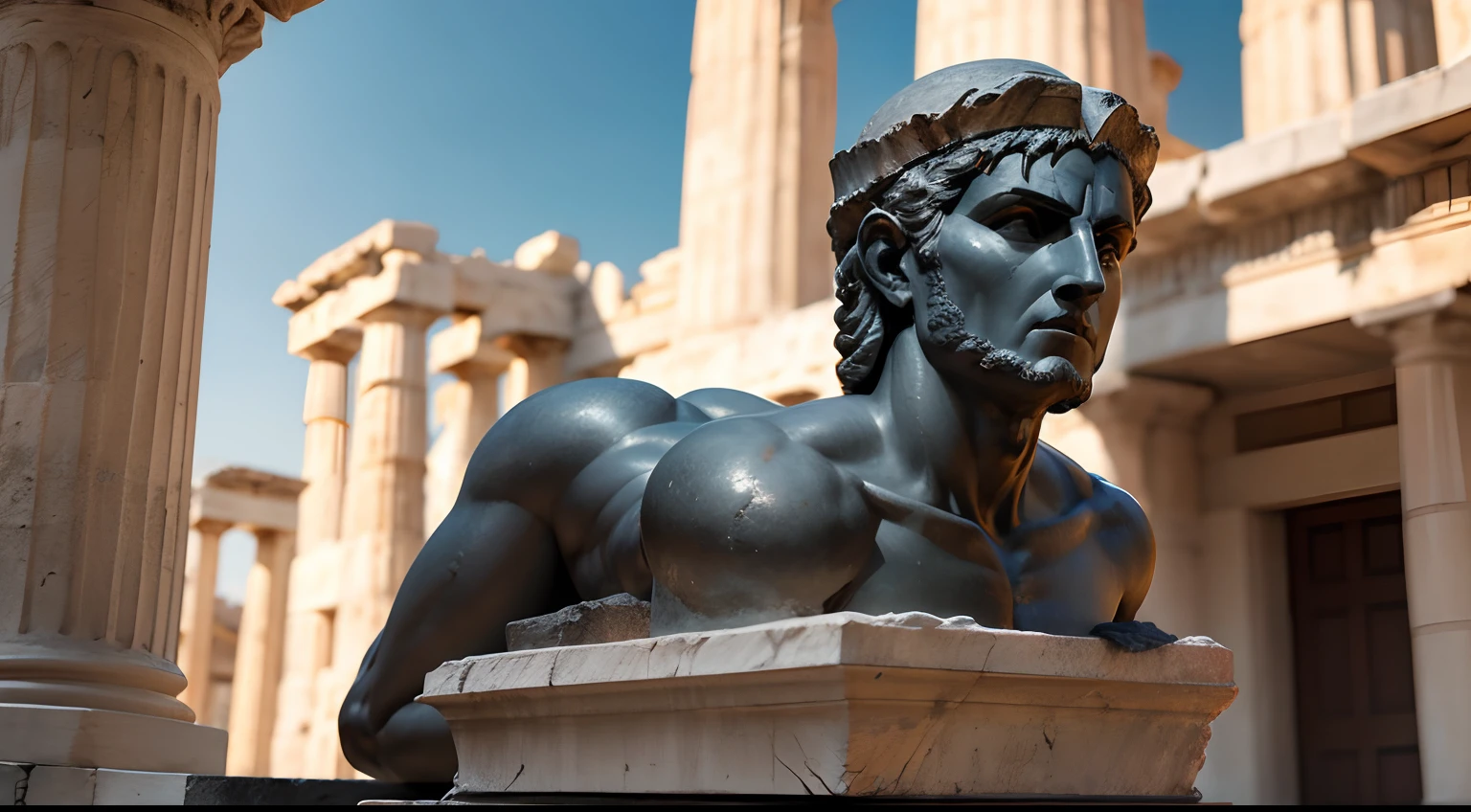 Ancient Greek statue with angry expression, Outside, com rosto extremamente detalhado full body view, Colors with low saturation with dark tone, Filmado em Sony A7S III com Sony FE 35mm f/1.8, 12.1 MP, --AR 3:2 --estilo cru