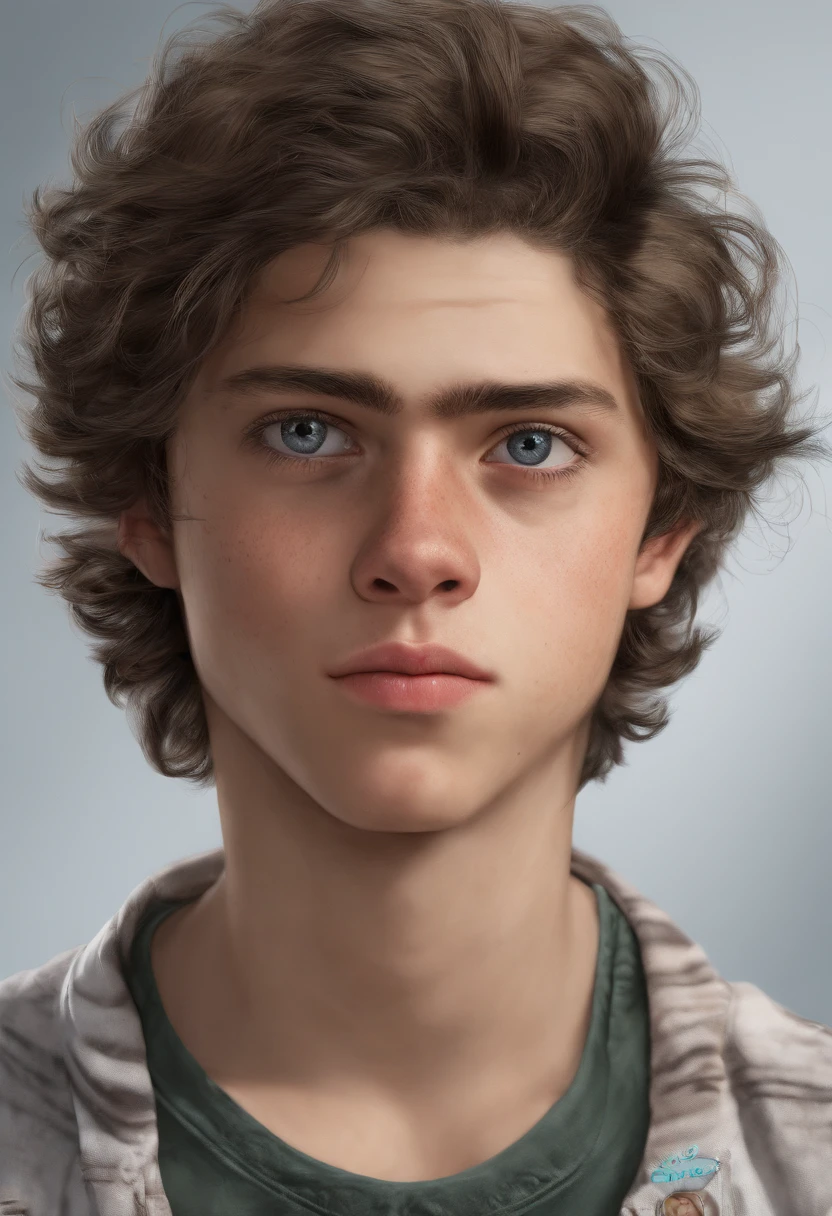 1boy, adolescente de 16 anos com cabelos escuros e desgrenhados, que caem um pouco sobre seus olhos. Ele tem olhos castanhos profundos e uma pele clara. Her height is average for her age, camisa branca, sweatpants, white sneakers.