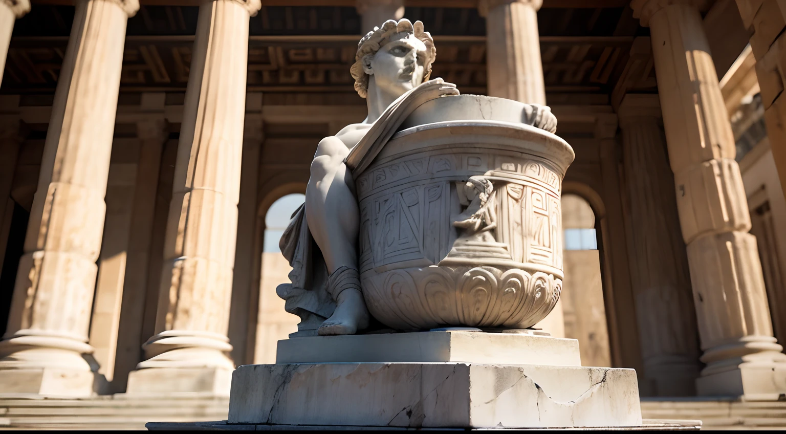 Ancient Greek statue with angry expression, Outside, com rosto extremamente detalhado full body view, Colors with low saturation with dark tone, Filmado em Sony A7S III com Sony FE 35mm f/1.8, 12.1 MP, --AR 3:2 --estilo cru