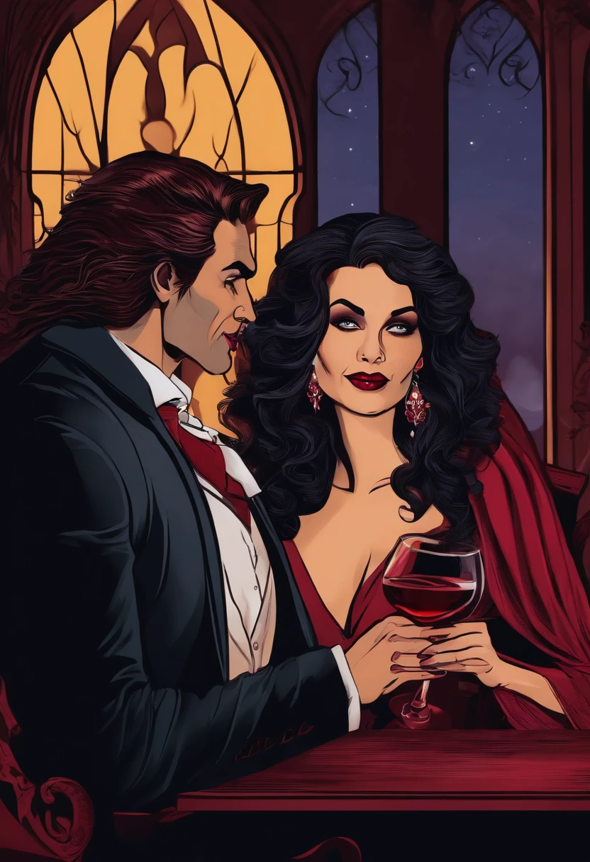 Vampire woman drinking wine with a werewolf man