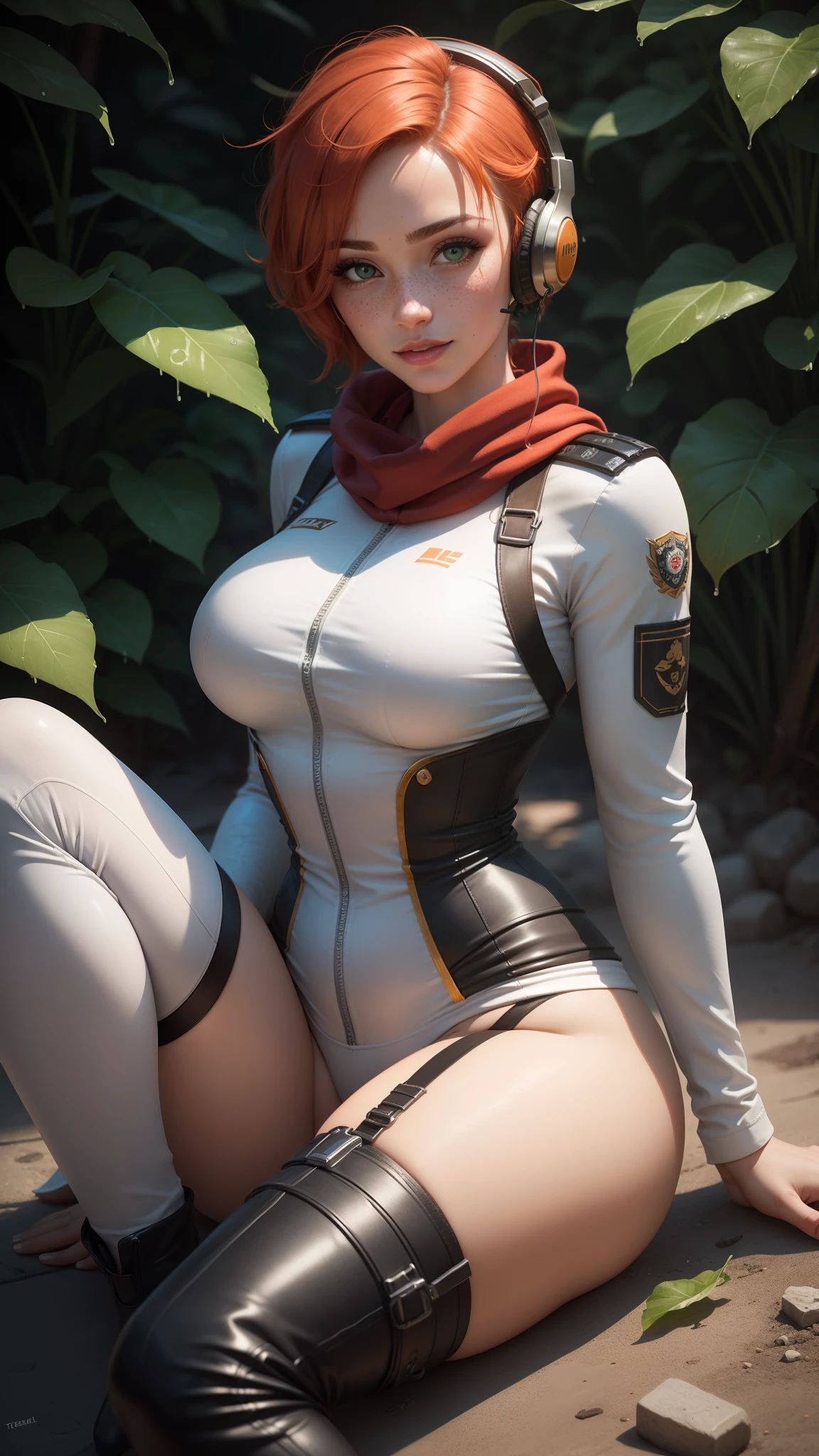 gwen tennyson,tracer,chun-li,rebecca chambers,tomb raider,overwatch,1girl, close up,mecha pilot,mayan jungle,red and white plugsuit,hair pin,pirate corset,white long sleeve lycra top,silver lycra micro shorts,short hair,cute makeup,green eyes,orange and gold hair,shy smile,freckles,redhead,beautiful girl,large breasts,ultra detailed,realistic, fantasy art,military uniform,chinese dress,pilot scarf,pilot jacket,tank,wet shirt,thigh high boots,gaming headset, garter belt,