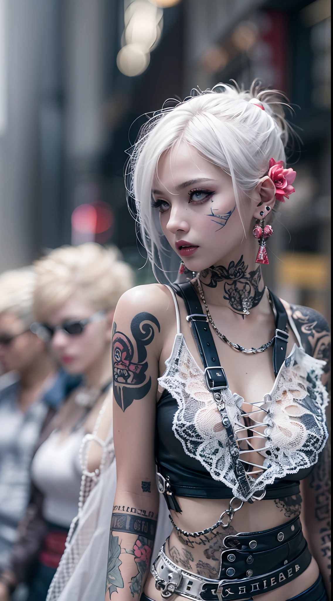 The prompts for the first theme are as follows:
"(Best Quality, 8K, 32K, masutepiece:1.3), Ultra-detailed, (Photorealistic:1.4), white colors, albino, Punk Girl, Detailed eyes, Upper body, Luxurious punk hair, Edgy punk fashion, Avant-garde makeup, Numerous piercings, Heavily tattooed body, Street background, Backlight effect, Shallow depth of field, Blurry background"