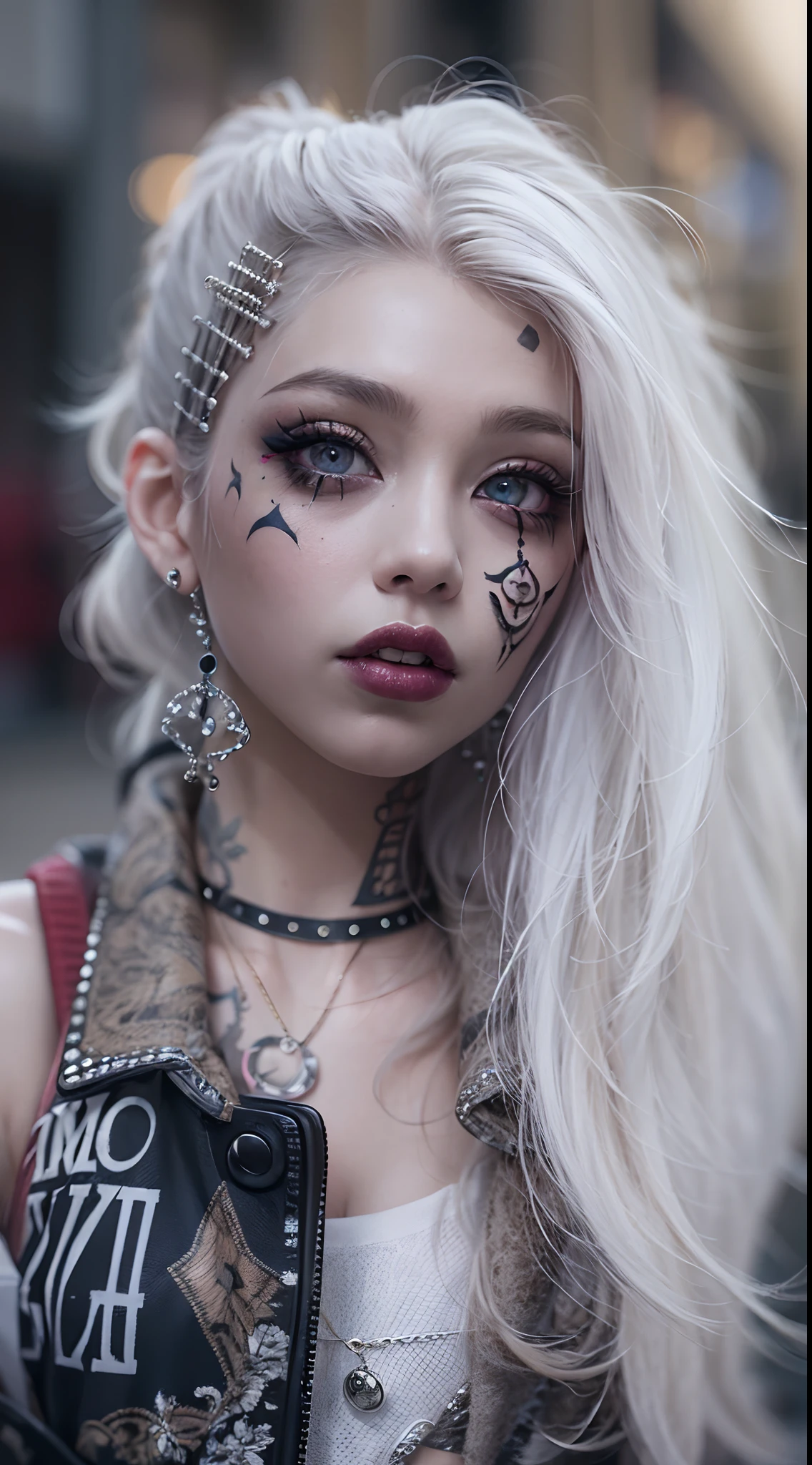 The prompts for the first theme are as follows:
"(Best Quality, 8K, 32K, masutepiece:1.3), Ultra-detailed, (Photorealistic:1.4), white colors, albino, Punk Girl, Detailed eyes, Upper body, Luxurious punk hair, Edgy punk fashion, Avant-garde makeup, Numerous piercings, Heavily tattooed body, Street background, Backlight effect, Shallow depth of field, Blurry background"