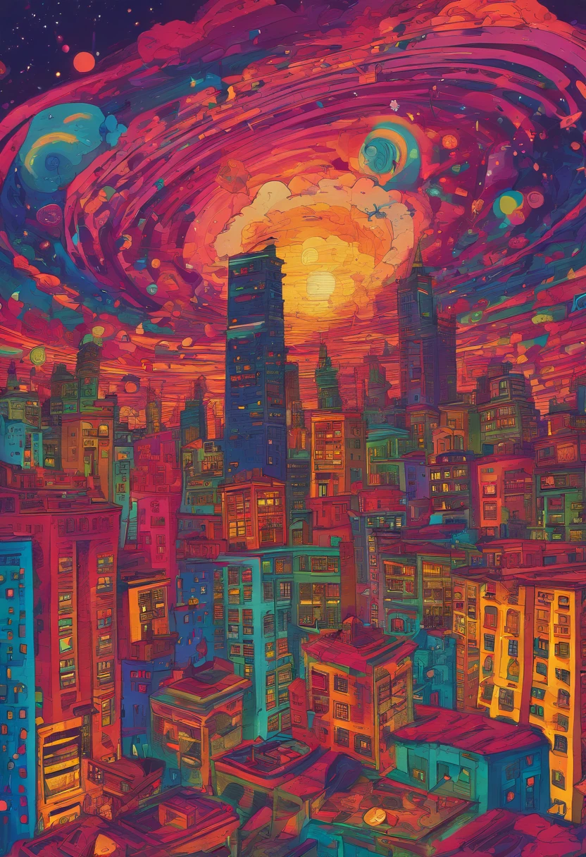 Gloomy city at night, with tall, ominous buildings rising on the horizon, iluminados apenas pela luz fraca da lua e das estrelas