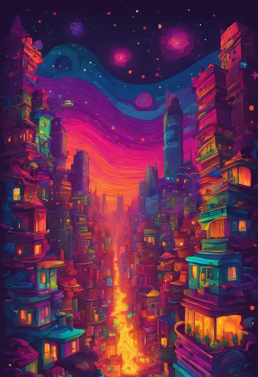 Gloomy city at night, with tall, ominous buildings rising on the horizon, iluminados apenas pela luz fraca da lua e das estrelas