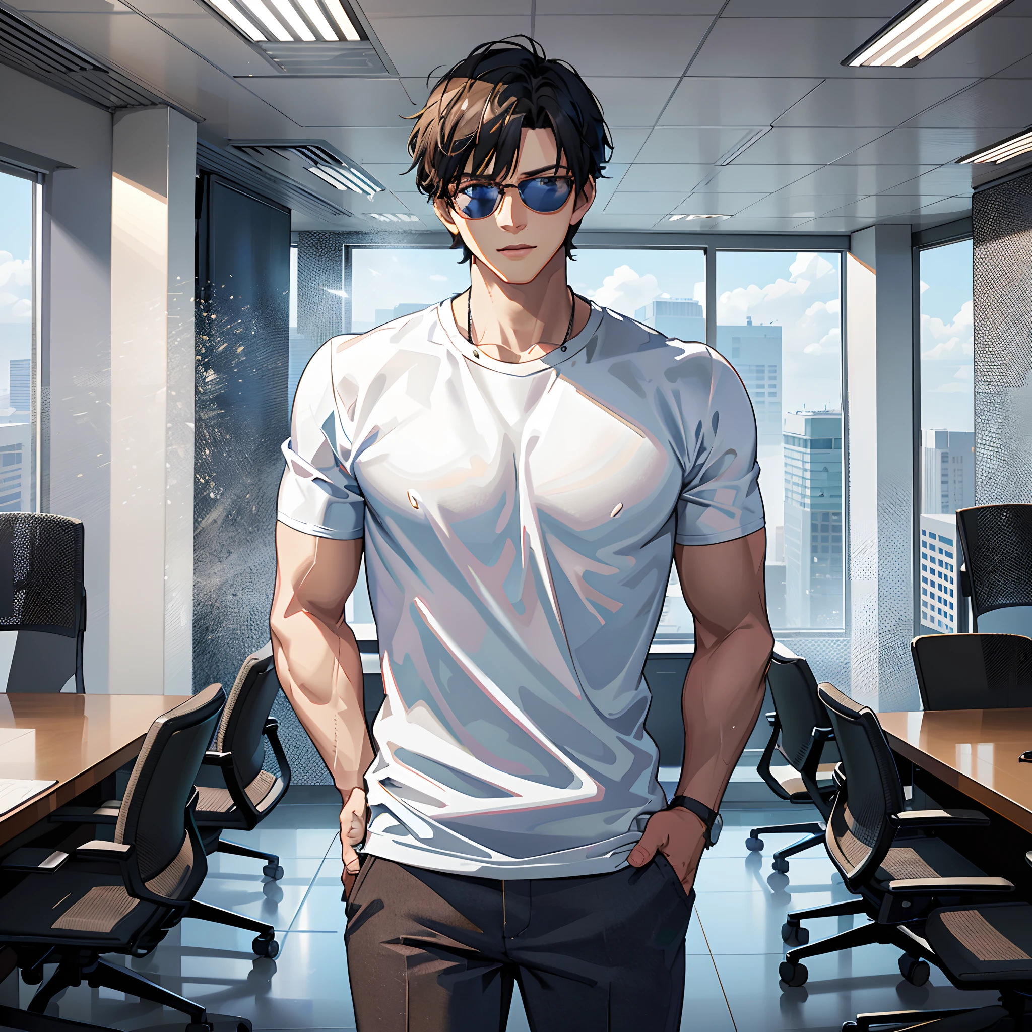 There is a man standing with his hands in his pockets in the office, anime handsome guy, Smooth Anime CG Art, Handsome Anime Pose, realistic anime 3 d style, tall anime man with blue eyes, realistic shaded perfect body, official illustrations, digital anime illustration, (SFW) safe for work, Anime portrait of a handsome man, Commission for high resolution