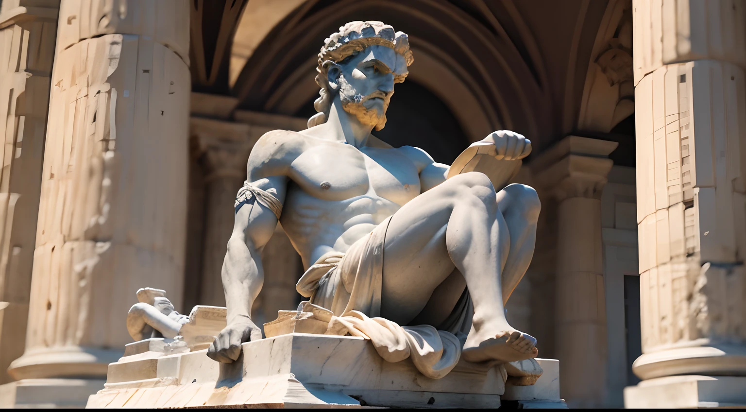 Ancient Greek statue with angry expression, Outside, com rosto extremamente detalhado full body view, Colors with low saturation with dark tone, Filmado em Sony A7S III com Sony FE 35mm f/1.8, 12.1 MP, --AR 3:2 --estilo cru