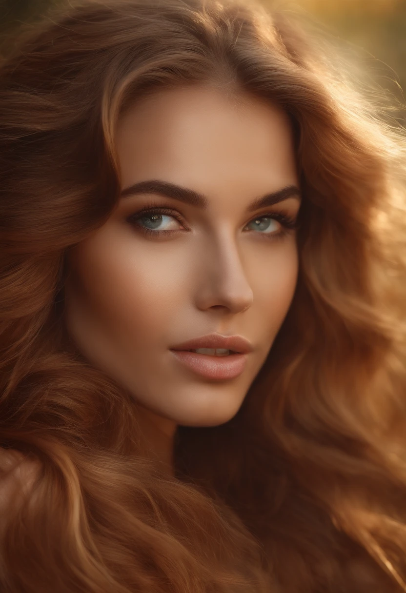 Generate a stunning portrait of a young woman with flowing hair and a serene expression."