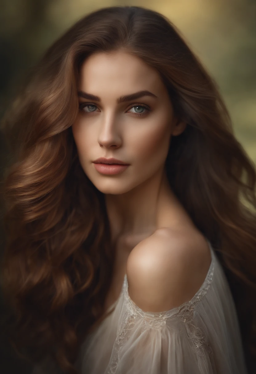 Generate a stunning portrait of a young woman with flowing hair and a serene expression."
