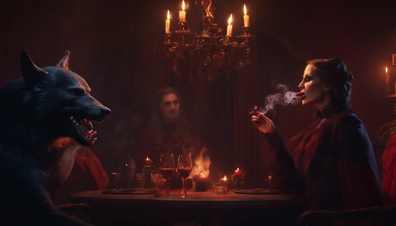 Vampire smoking a bong with werewolves