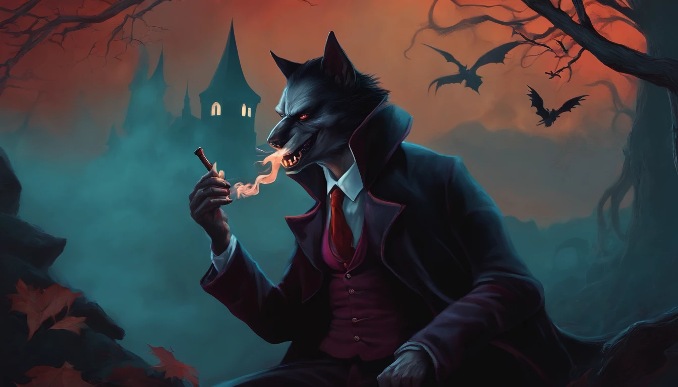Vampire smoking a bong with werewolves