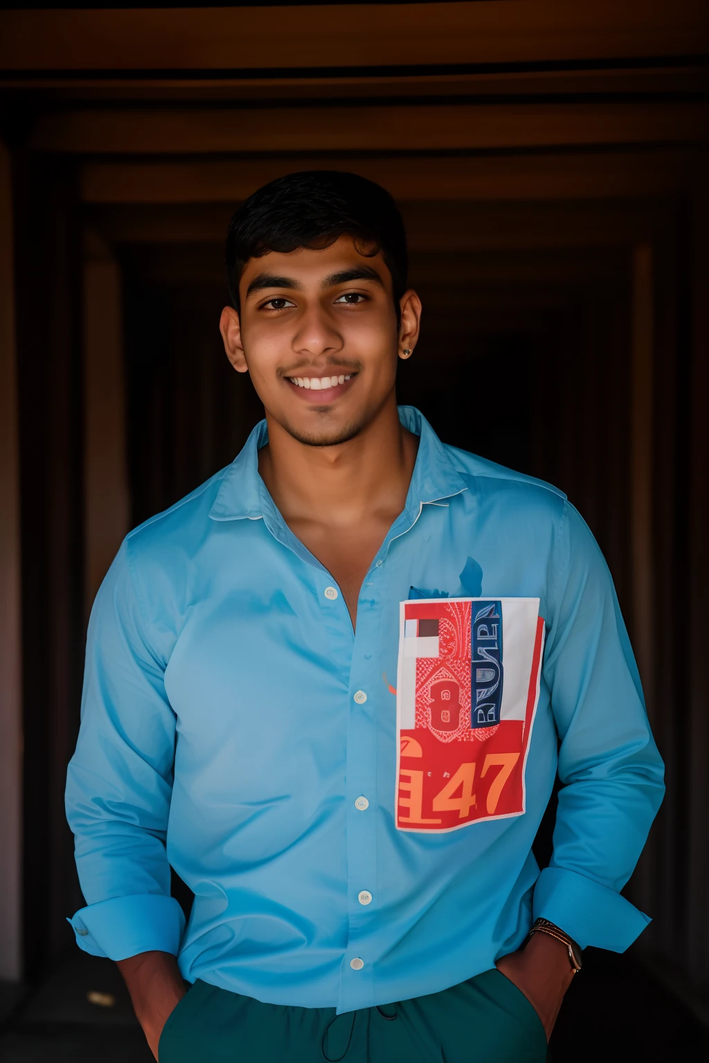 arafed man in a blue shirt and tan pants standing in the dark, at night time, jayison devadas, around 1 9 , candid picture, with a beautifull smile, full body photogenic shot, ayan nag, taken with sony a7r camera, riyahd cassiem, mohamed chahin, front profile!!!!, kyza saleem