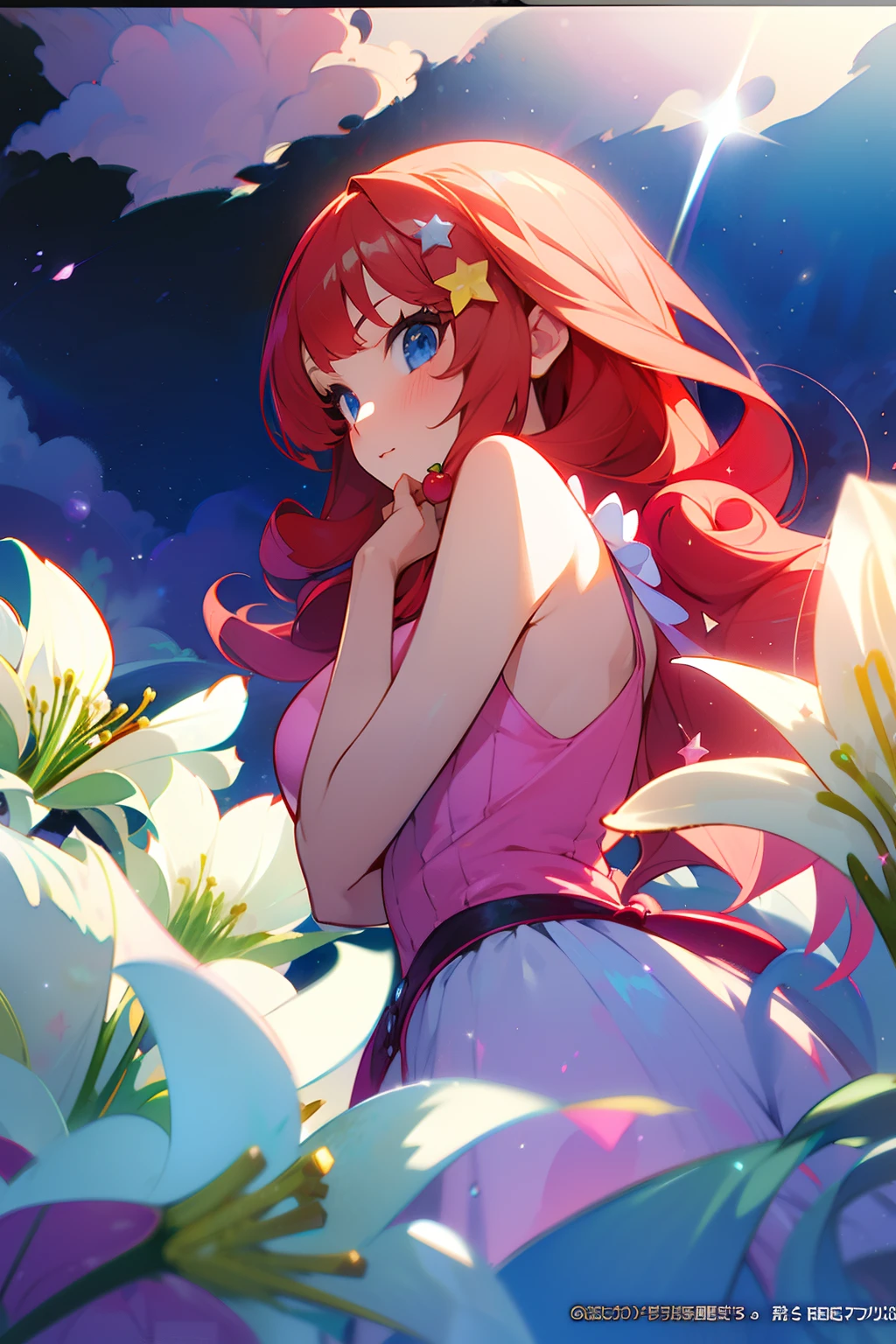 Cute as a dream、a pale, (masterpiece、top-quality、top-quality、watercolor paiting(Curly)、Take a cute cat、Official art、Beautifully Aesthetic:1.2)、(a beauty girl:1.3)、patterns、Soap bubbles、Rainbow behind、clouds、colourfull、Hair spreads throughout、kawaii、pastels、Large ribbon、Lovely room、Wallpapers, poster, fruit, (several fresh cherries), moist, summer, blue sky, white clouds, HD Detail, Moist Watermark, Ultra Detail, Movie, Hyper Realism, Soft Light, Deep Focus Bokeh, Ray Tracing, --niji 5. crystal, fantasy, galaxy, transparent, shimmering, sparkling, splendid, colorful, magical photography, dramatic lighting, Itsuki Nakano, long fluffy red hair, blue eyes, nakano_itsuki, collared white shirt, sleeveless red-pink jumper, big breasts, star hairclips, 5 pointed star hairclips, Heart, iridescent, cute, crystal, love, blushing, sweet expression, splendid delicate dress, among lillies, blue sky, iridescent clouds, pastels, dark starry sky,