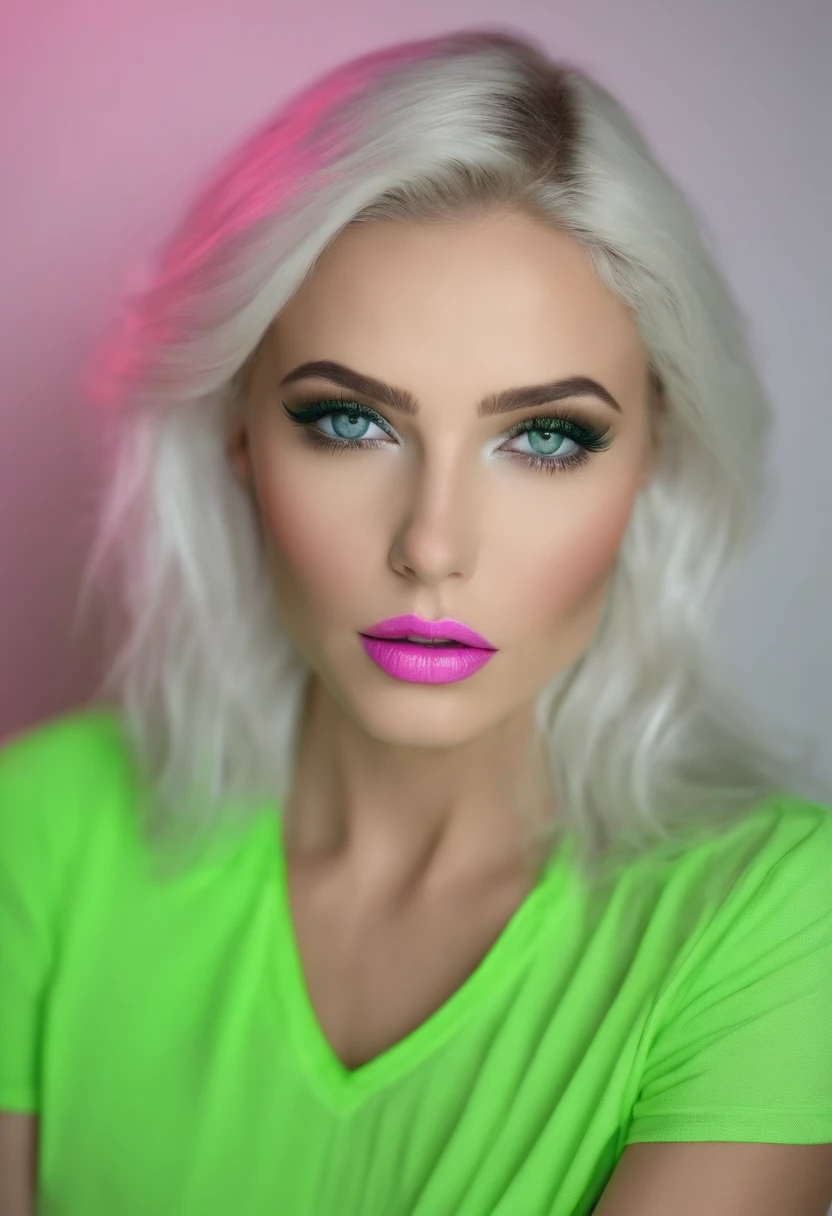 Professional, ((full body view)), (Girl, 28 years, 4’10”tall, extremely thin, tiny body, bold, sharp, exotic makeup designed, pale skin, blonde, bulging veins and neck bones, glow blue lipsticks, neon eyeliner, green eyeshadows), (neutral expression), (best quality:1.5), (perfect detailed:1.5), (sharp green eyes), (perfect hair), (((Photorealistic:1.5))), (creative), (silver bright hair, freckles, matte makeup), (sharp white lights illuminating the face), bokeh effect, raw, white wall background, soft ambient lights, neon pink lights from the ceiling