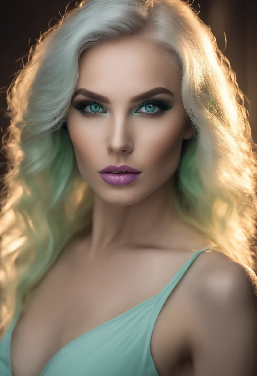 Professional, ((full body view)), (Girl, 28 years, 4’10”tall, extremely thin, tiny body, bold, sharp, exotic makeup designed, pale skin, blonde, bulging veins and neck bones, glow blue lipsticks, neon eyeliner, green eyeshadows), (neutral expression), (best quality:1.5), (perfect detailed:1.5), (sharp green eyes), (perfect hair), (((Photorealistic:1.5))), (creative), (silver bright hair, freckles, matte makeup), (sharp white lights illuminating the face), bokeh effect, raw, white wall background, soft ambient lights, neon pink lights from the ceiling