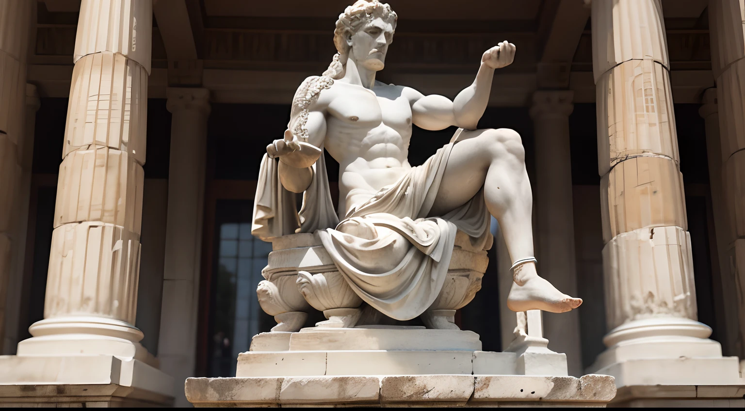 Ancient Greek statue with angry expression, Outside, com rosto extremamente detalhado full body view, Colors with low saturation with dark tone, Filmado em Sony A7S III com Sony FE 35mm f/1.8, 12.1 MP, --AR 3:2 --estilo cru