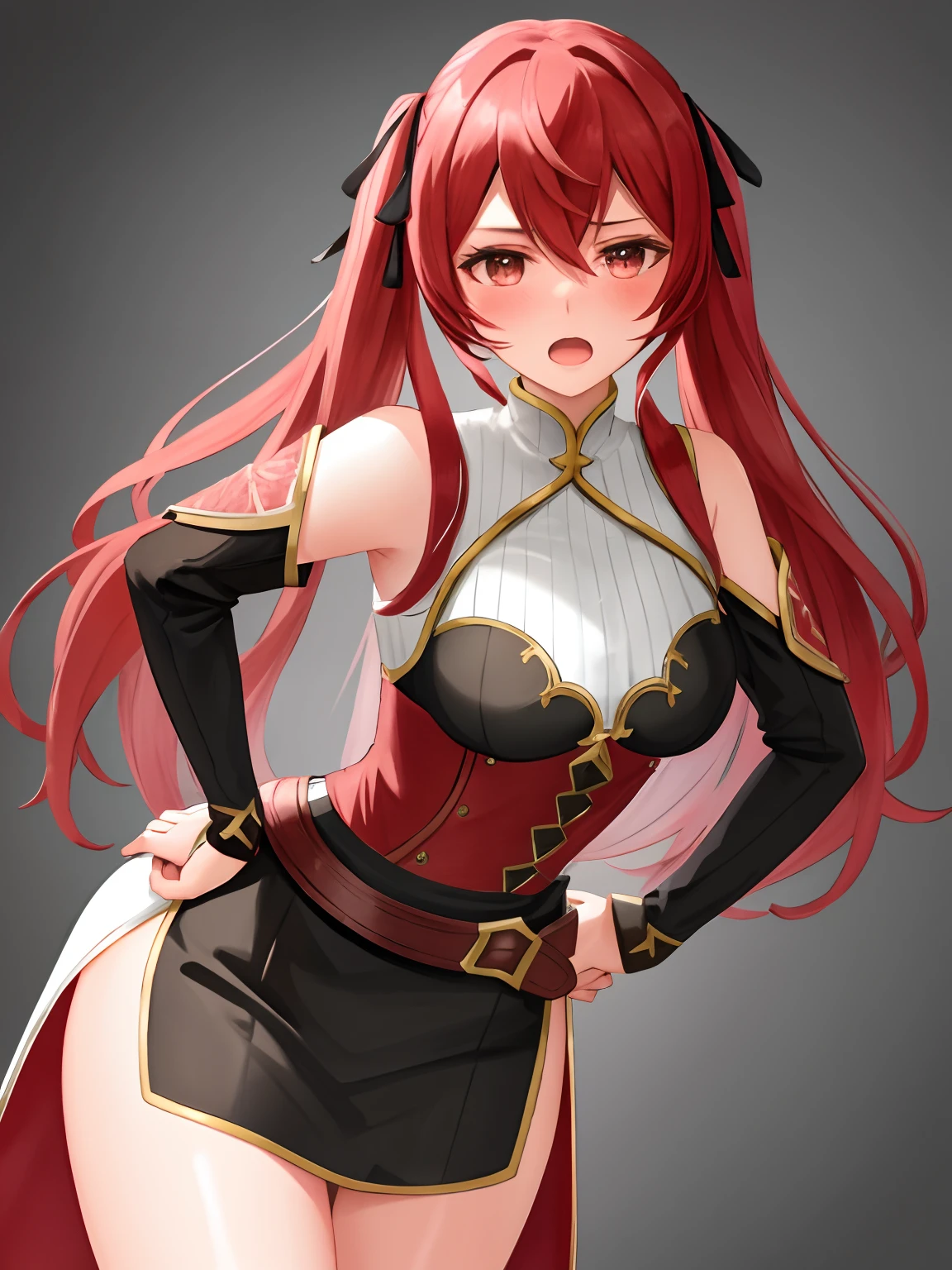 severa fe, ultra-detailed, 1girl, solo, looking at viewer, blush, open mouth, glo, ribbon, hair between eyes, hair ribbon, belt, hand on hip, leaning forward, big ass, ass focus