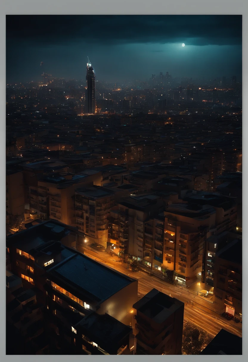 mundo moderno, Gloomy city at night, with tall, ominous buildings rising on the horizon, iluminados apenas pela luz fraca da lua e das estrelas
