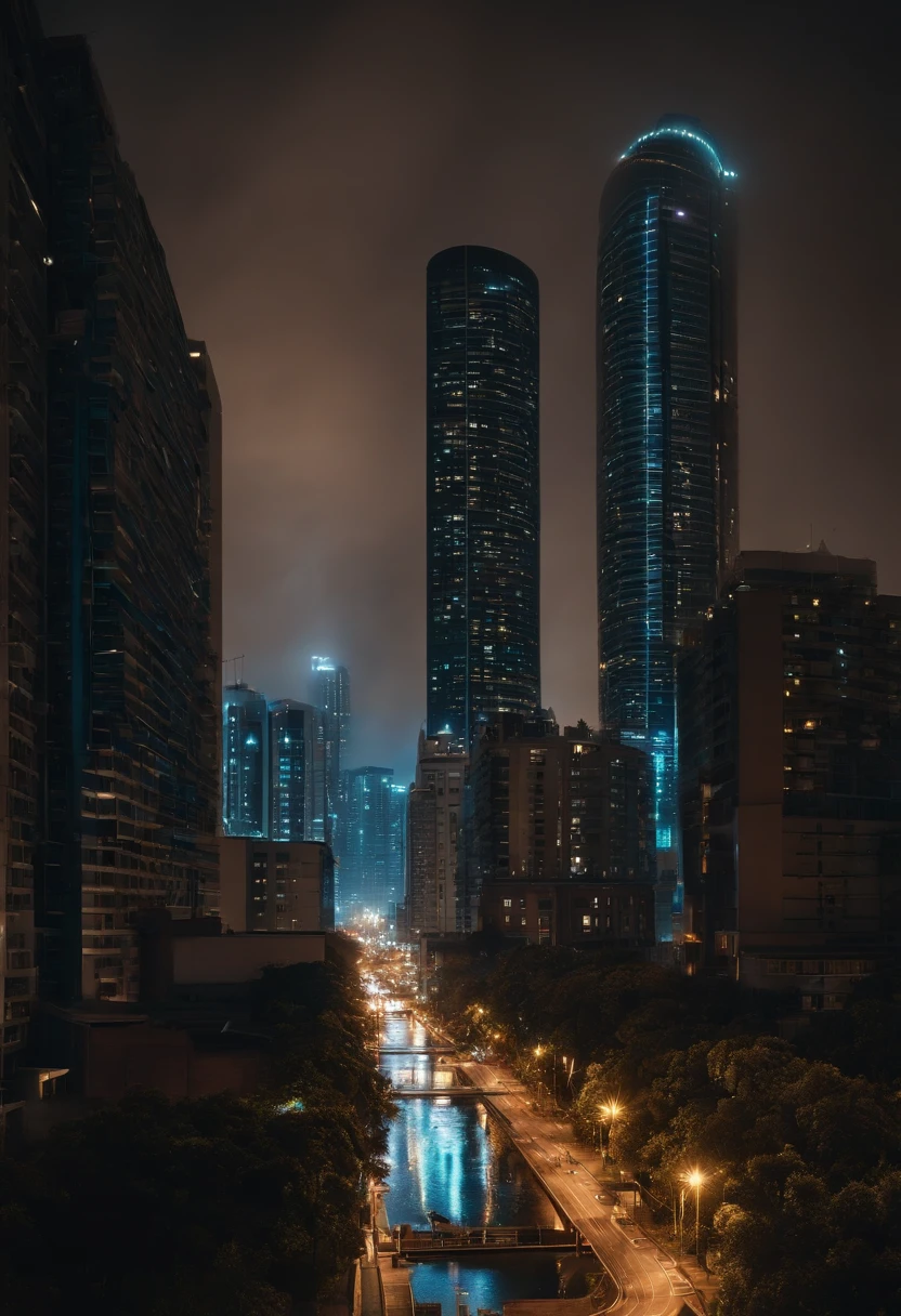 mundo moderno, Gloomy city at night, with tall, ominous buildings rising on the horizon, iluminados apenas pela luz fraca da lua e das estrelas