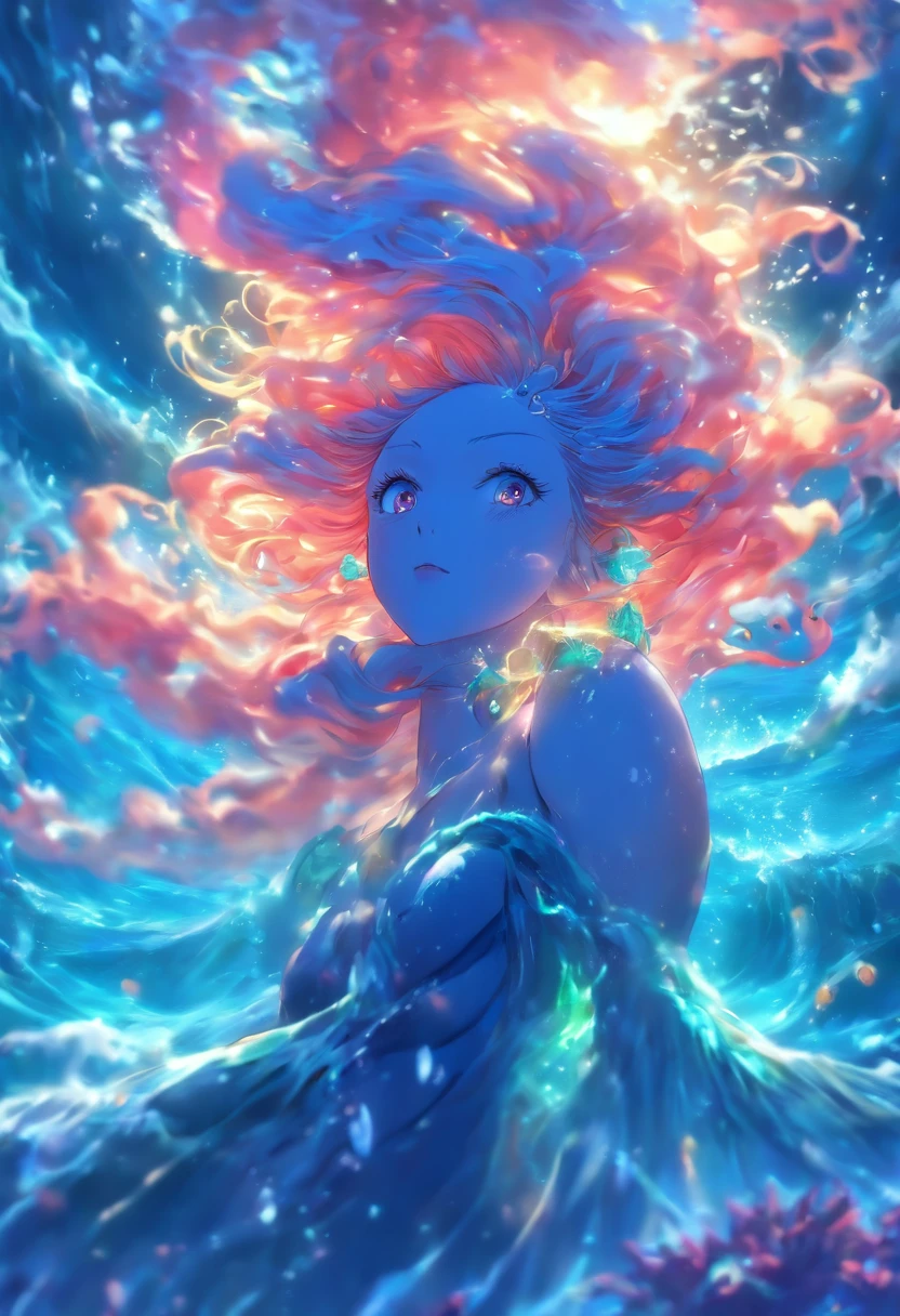 (best quality,4k,highres,masterpiece:1.2),ultra-detailed,(realistic,photorealistic,photo-realistic:1.37),female water elemental,water flesh,water composition,coral surroundings,iridescent colors,aqua lighting,fantasy style,surreal,ethereal,reflection,flowing movement,translucent,serene expression,liquid form,magical atmosphere,underwater scene,detail-rich scales,glistening droplets,floating hair,breathtaking beauty,graceful pose,tranquil background,deep sea,seaweed tendrils,soft glows,subtle shadows,gentle waves,sea pearls,submerged statues,hidden treasures,otherworldly,enchanted,secrets of the depths,peaceful ambiance