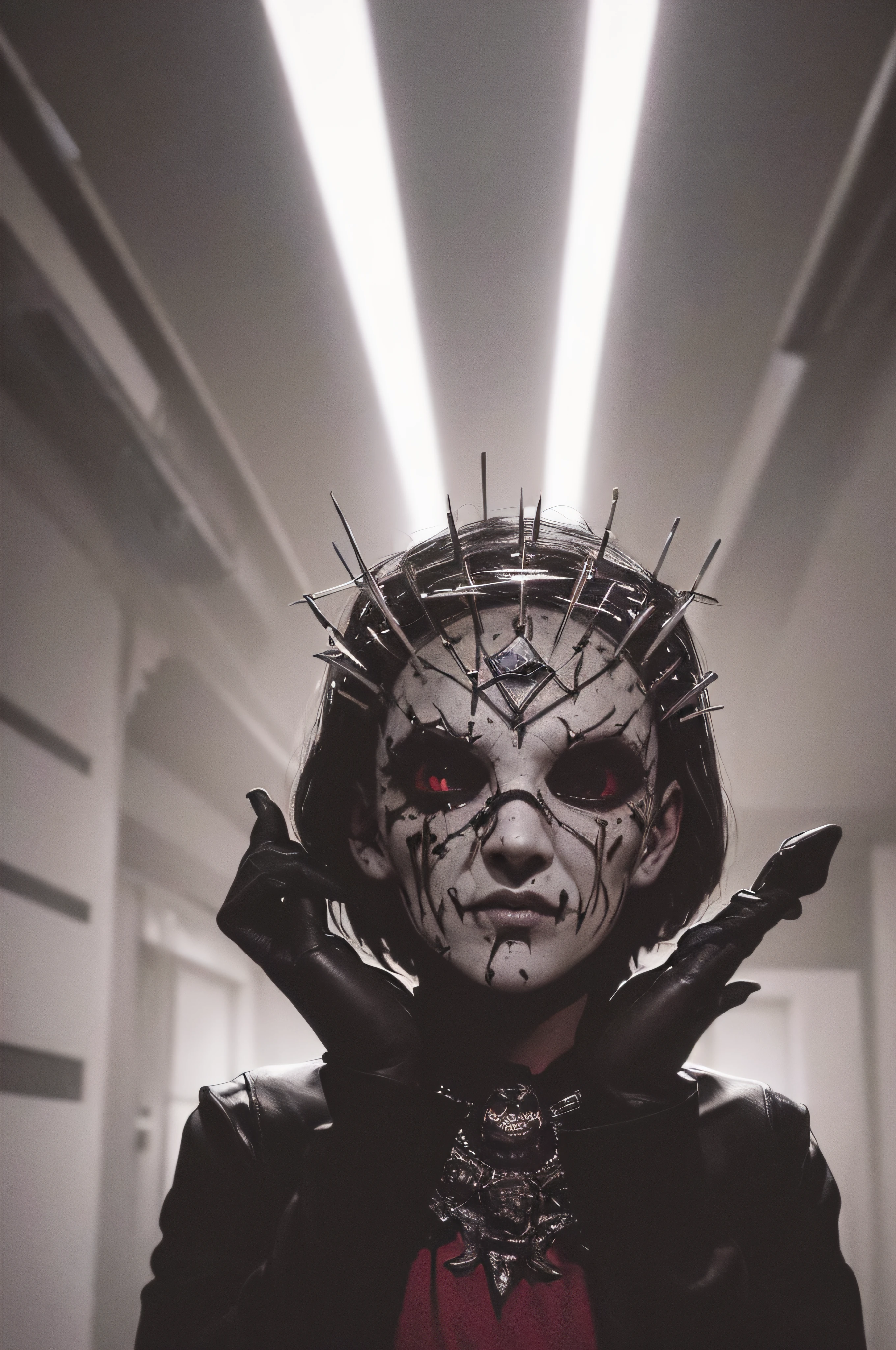 "(The best lighting, oscuro, dramatic),(feto calavera alien, Hellraiser, Cicatrices, , sexy, cerebro, sangre, una rata dentro de la cabeza, terror.),(ojos rojos, calaveras). morning light.