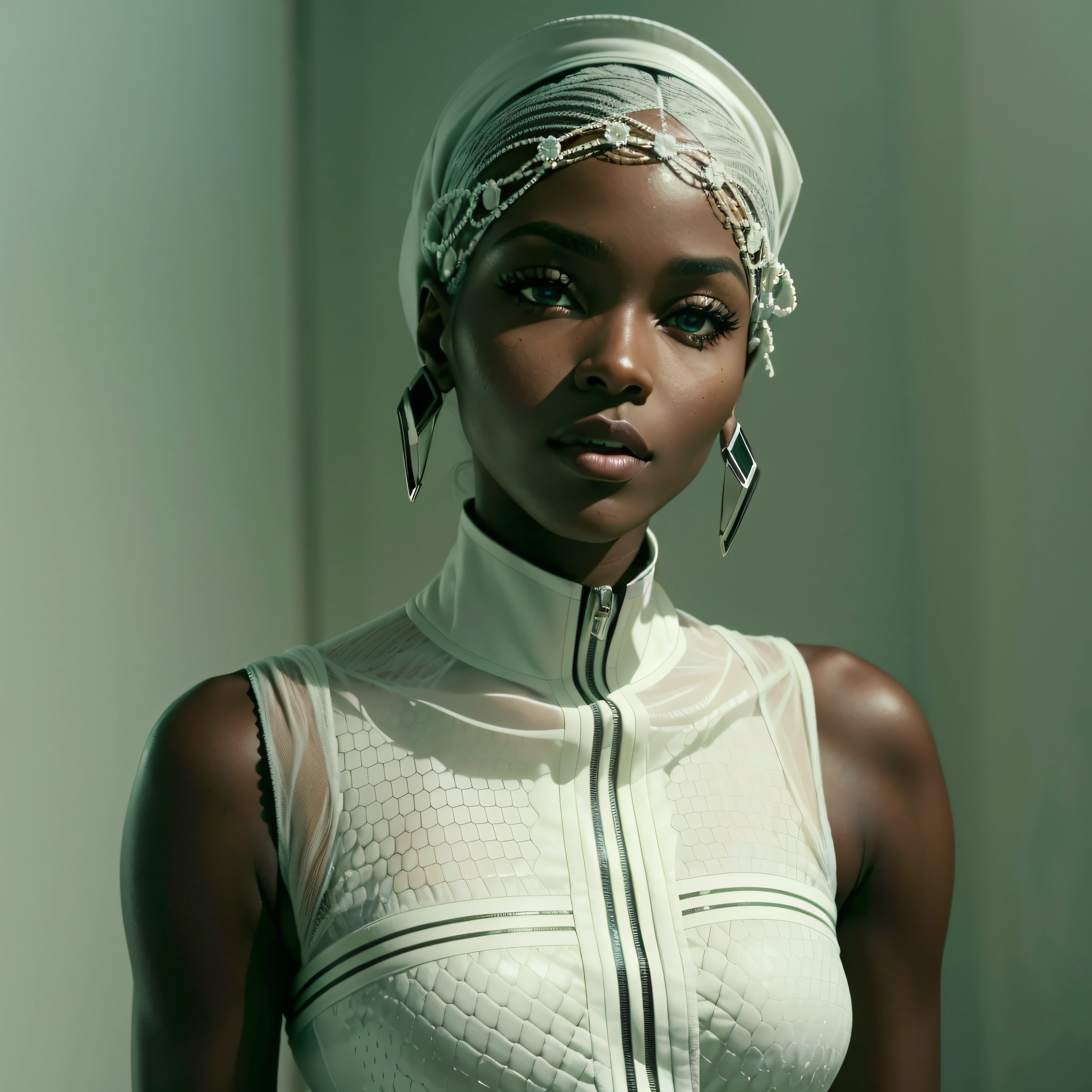 (wide shot), (futuristic hexagonal fashion style, deus ex aesthetic), (authentic expressive eyes: 1.2), (An exquisite portrait of a black African woman:1.3), (ebony skin tone:1.2), wearing dark makeup, the photograph captured in stunning 8k resolution and raw format to preserve the highest quality of details. The woman's beauty is undeniable. She wears futuristic angular clothing that complements her soft features, (her eyes are portrayed with meticulous attention to detail: 1.3), showcasing the captivating depth within her eyes. The photograph is taken with a lens that emphasizes the gentle smile in her eyes, and the backdrop is a dark studio setting that enhances the muted colours of the scene. The lighting and shadows are expertly crafted to bring out the richness of her skin tone and the subtle nuances of her features. Her pure white hair adds a touch of contrast against her ebony skin. The interior setting adds a sense of intimacy. The overall composition captures her essence with authenticity and grace, creating a portrait that celebrates her heritage and beauty. Photography utilizing the best techniques for shadow and lighting, to create a mesmerizing portrayal that transcends the visual, slightly tilted head, (extreme eye details: 1.4)
