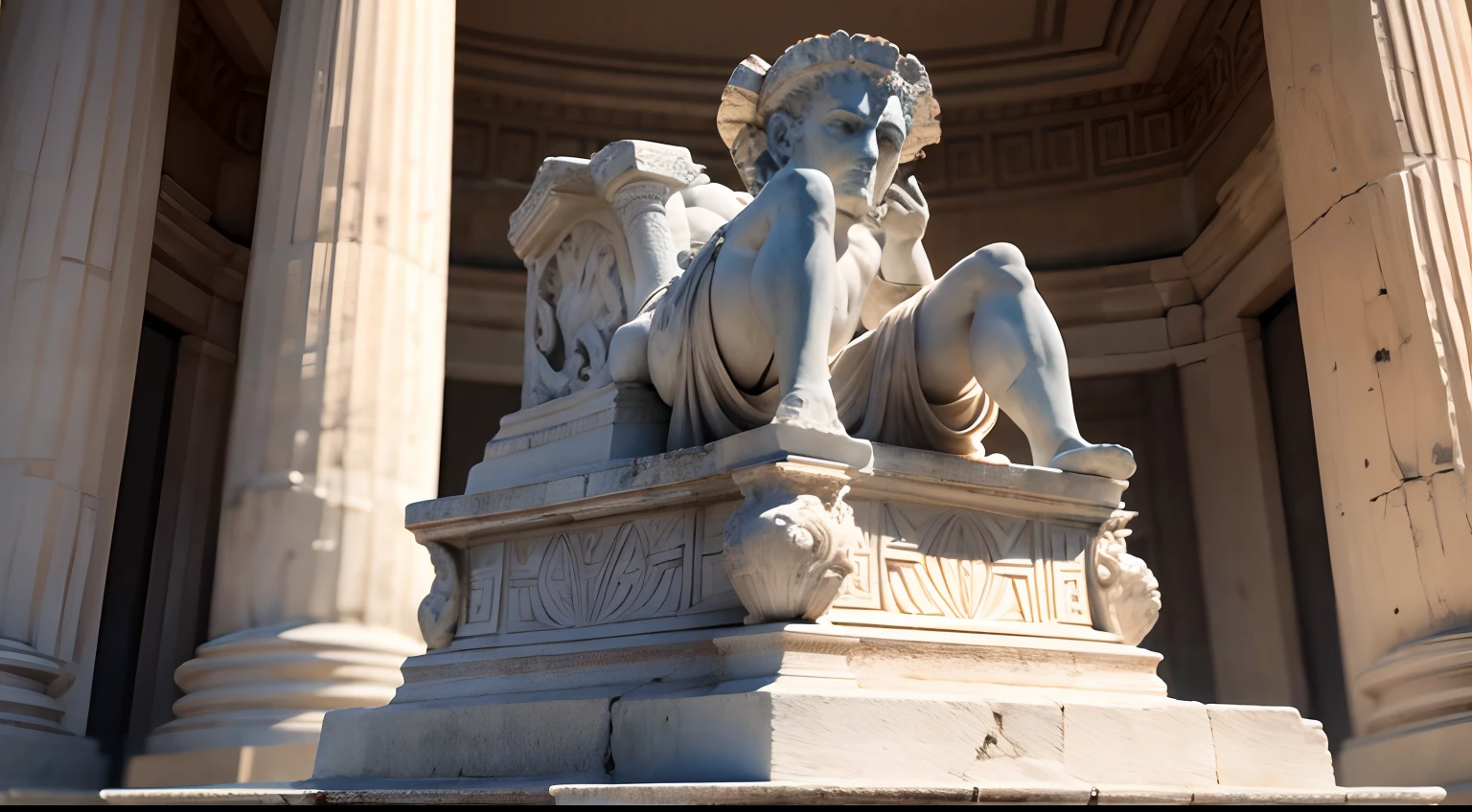 Ancient Greek statue with angry expression, Outside, com rosto extremamente detalhado full body view, Colors with low saturation with dark tone, Filmado em Sony A7S III com Sony FE 35mm f/1.8, 12.1 MP, --AR 3:2 --estilo cru