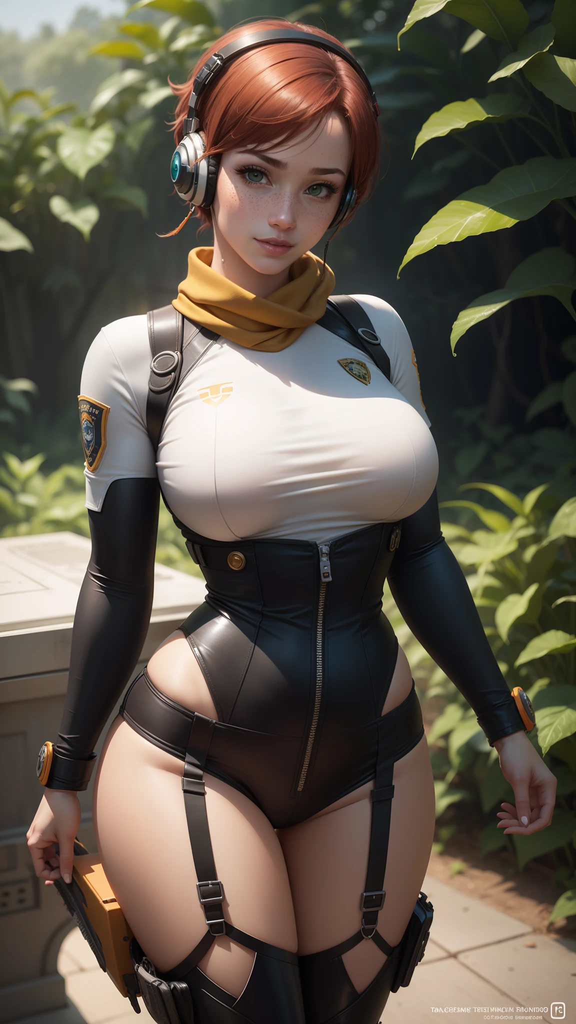 gwen tennyson,tracer,chun-li,rebecca chambers,tomb raider,overwatch,1girl, close up,mecha pilot,mayan jungle,red and white plugsuit,hair pin,pirate corset,white long sleeve lycra top,silver lycra micro shorts,short hair,cute makeup,green eyes,orange and gold hair,shy smile,freckles,redhead,beautiful girl,large breasts,ultra detailed,realistic, fantasy art,military uniform,police uniform,pilot scarf,pilot jacket,tank,wet shirt,thigh high boots,gaming headset, garter belt,chinese girl,